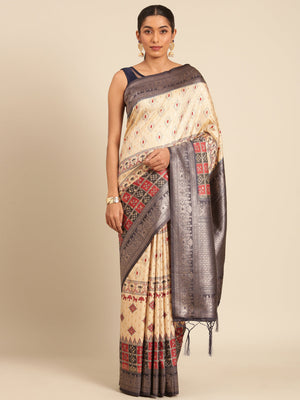 Women Cream Silk Saree With Un Stitched Blouse | NOZ2TOZ - Made In INDIA.