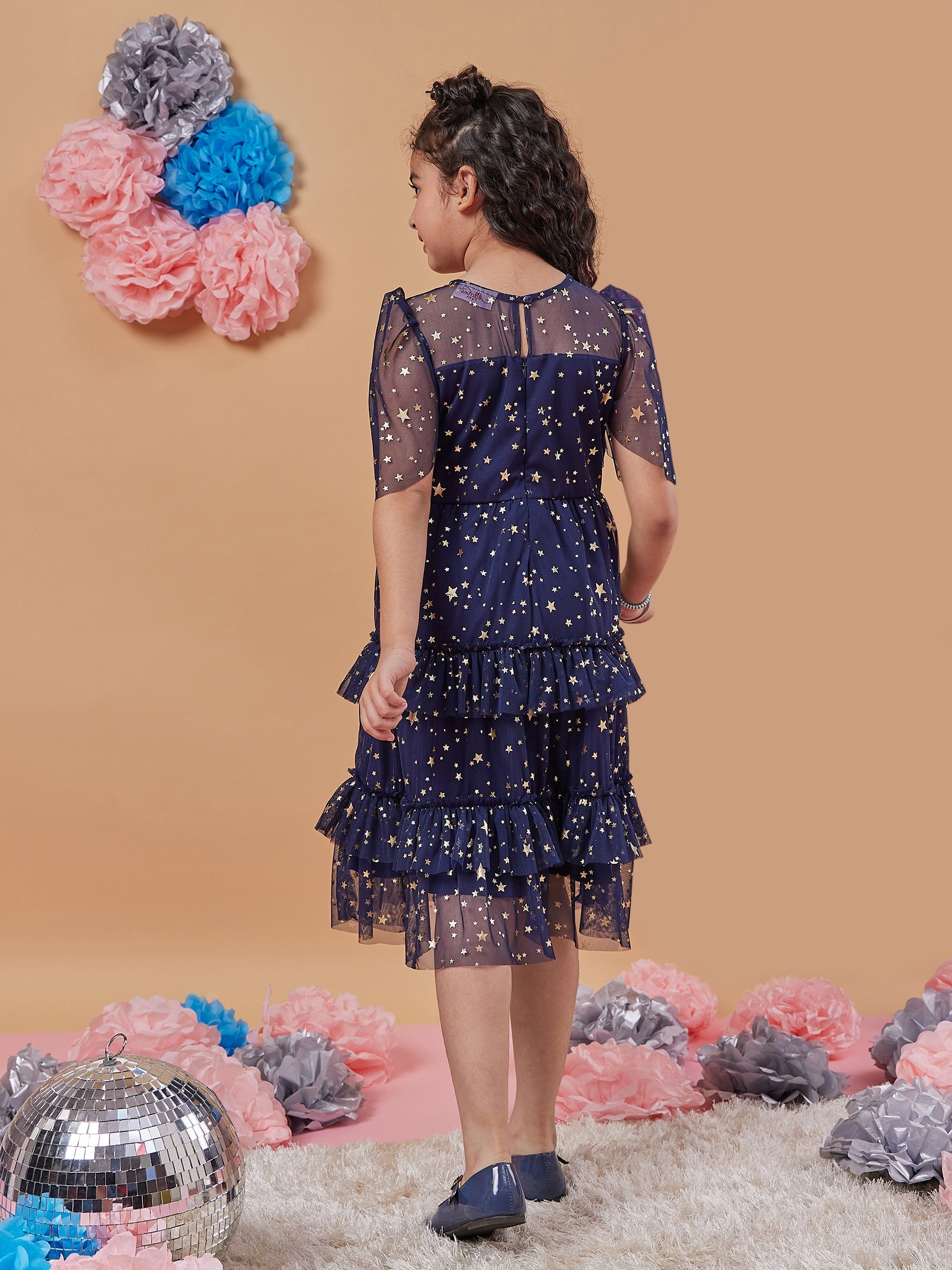 Girls Floral Print Flared Sleeve Net A-Line Midi Dress