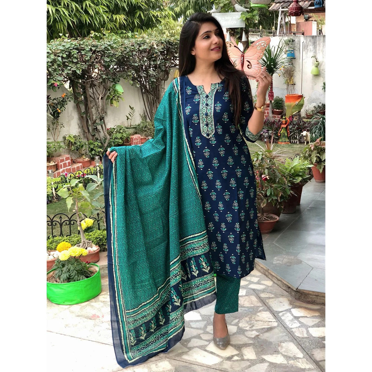 Blue Printed Viscose Rayon Suit Set