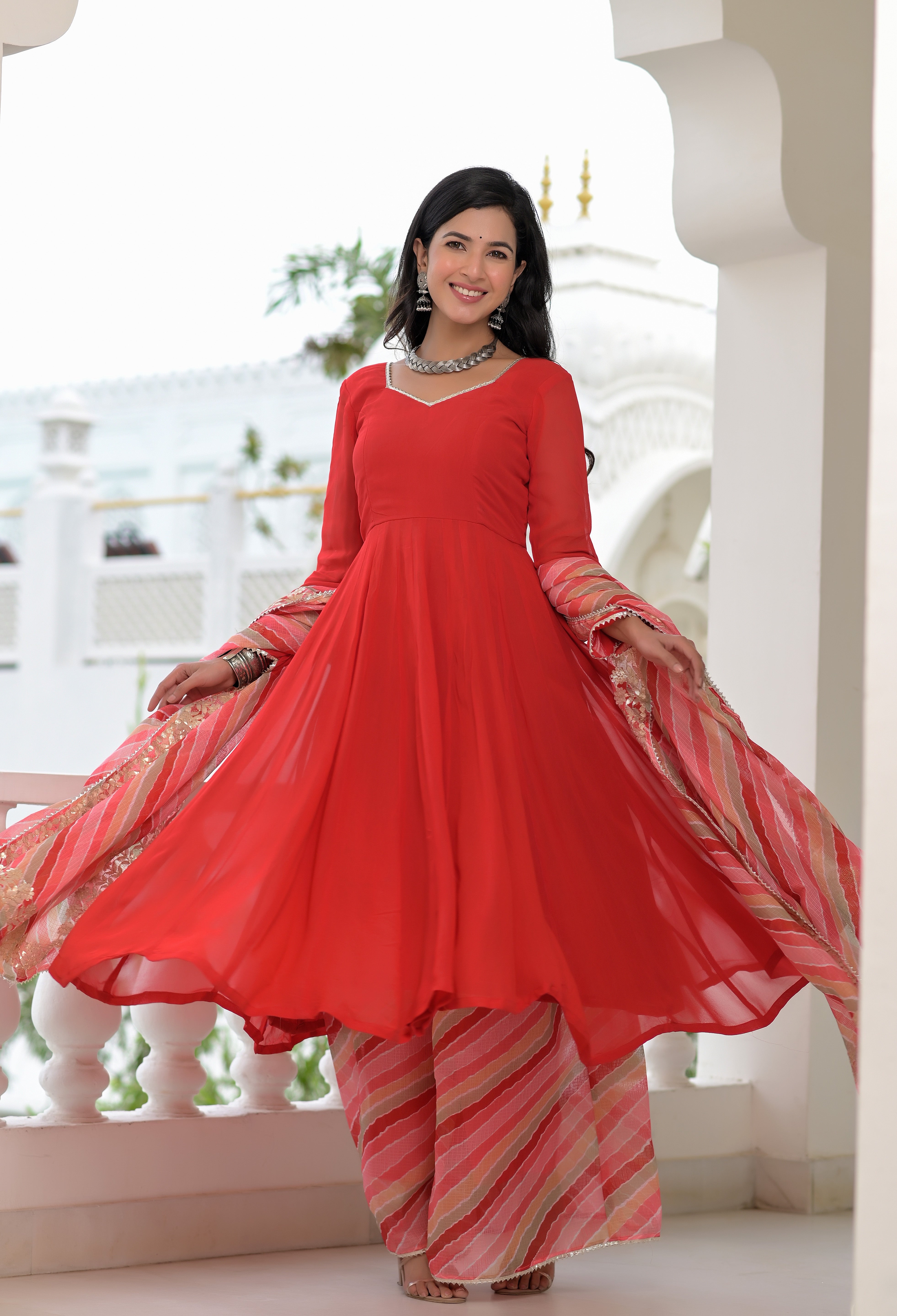 Women's Red Anarkali Palazzo Set With Dupatta, Red / XS