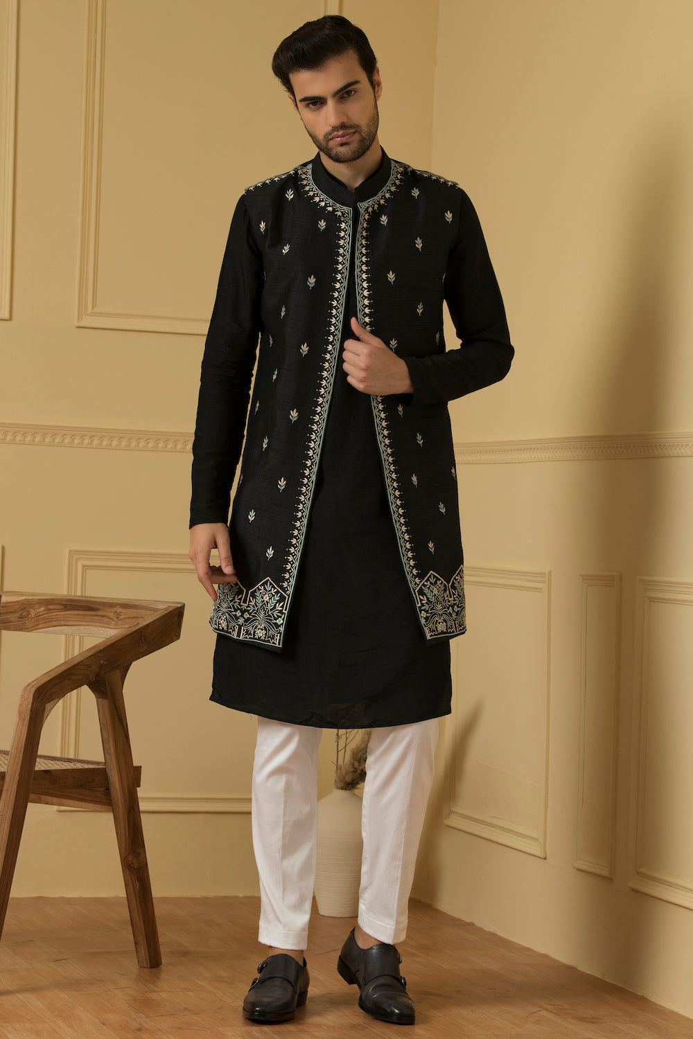 Men's Elegant Dupion Silk Long Nehru Jacket Set