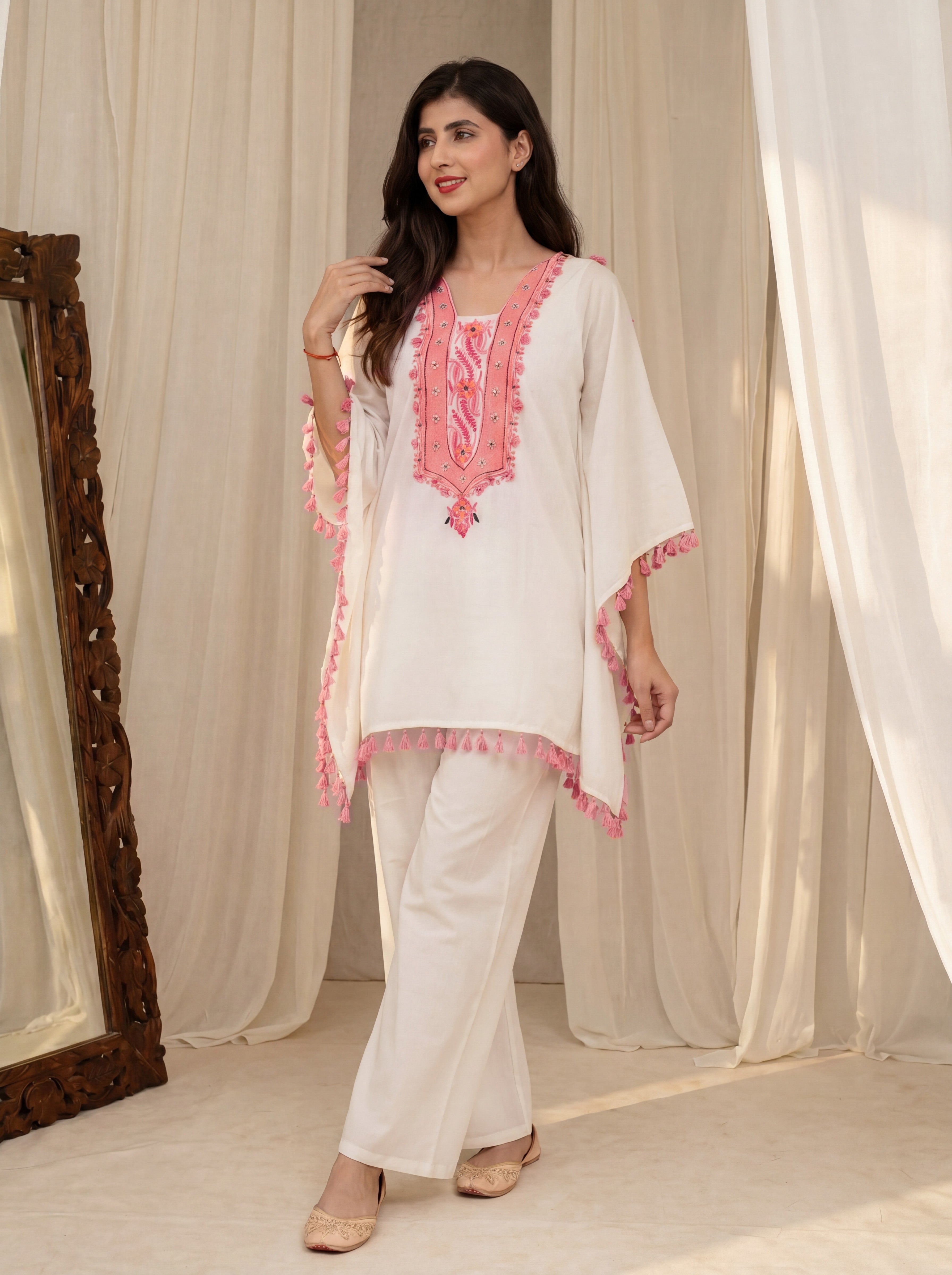 Women's White Roman Silk Embroidered Kaftan Set