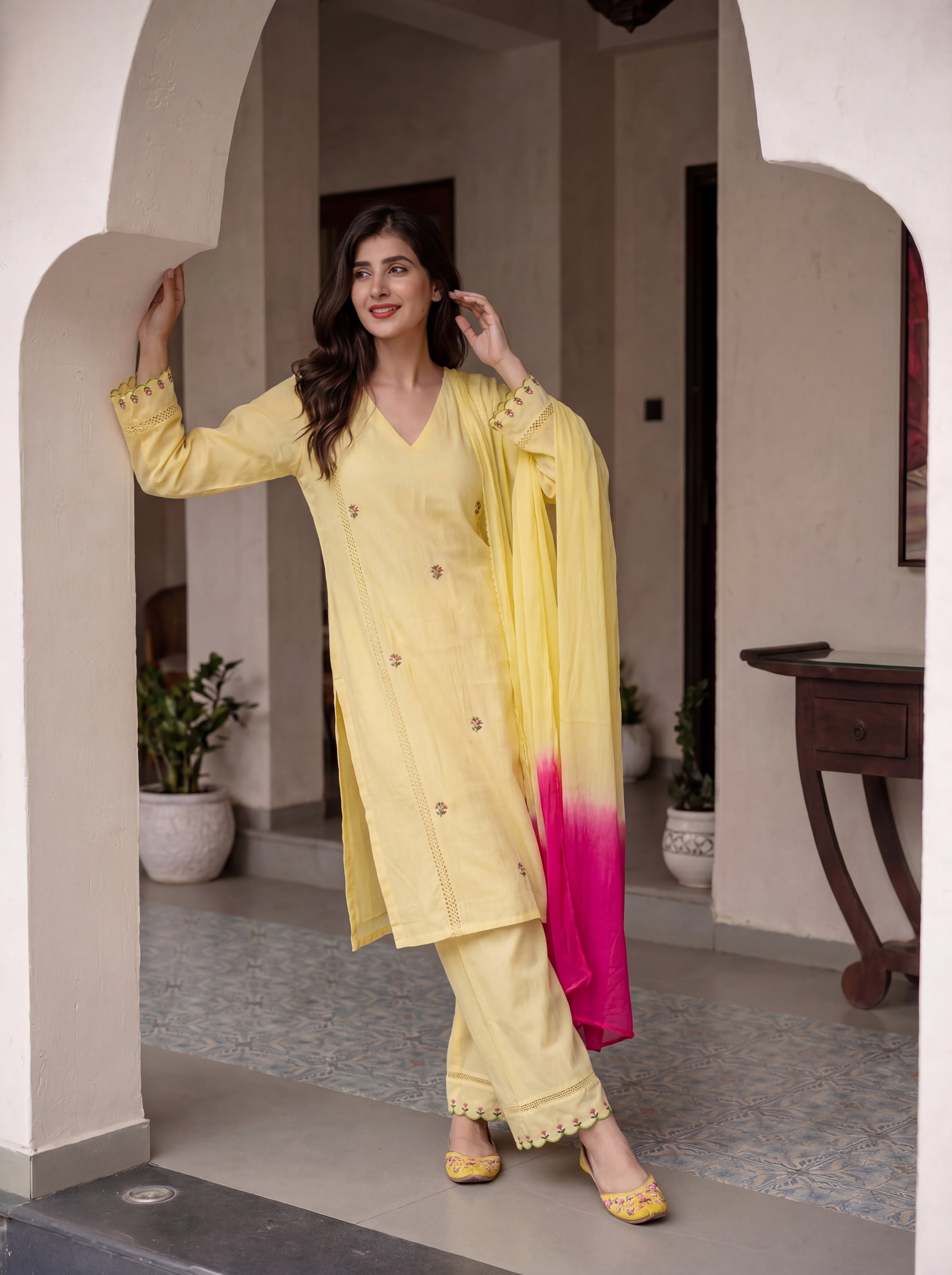 Women's Butter Yellow Roman Silk Floral Embroidered Kurta Set with Ombre Dupatta