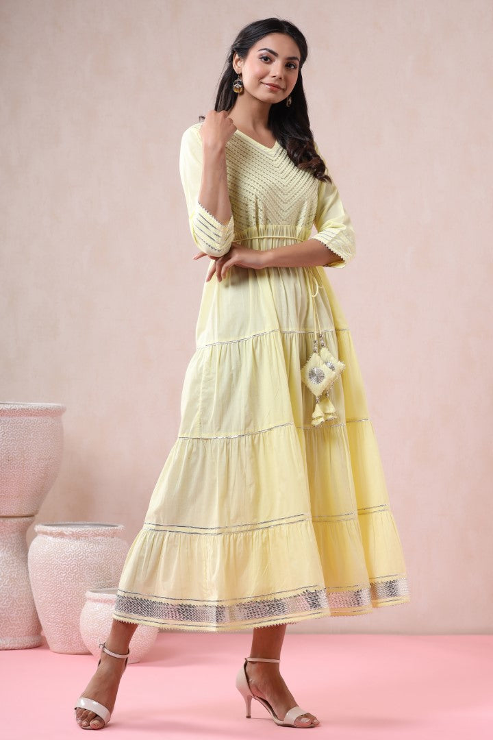 Women's Yellow Cotton Blend Embellished Dress – Trendia