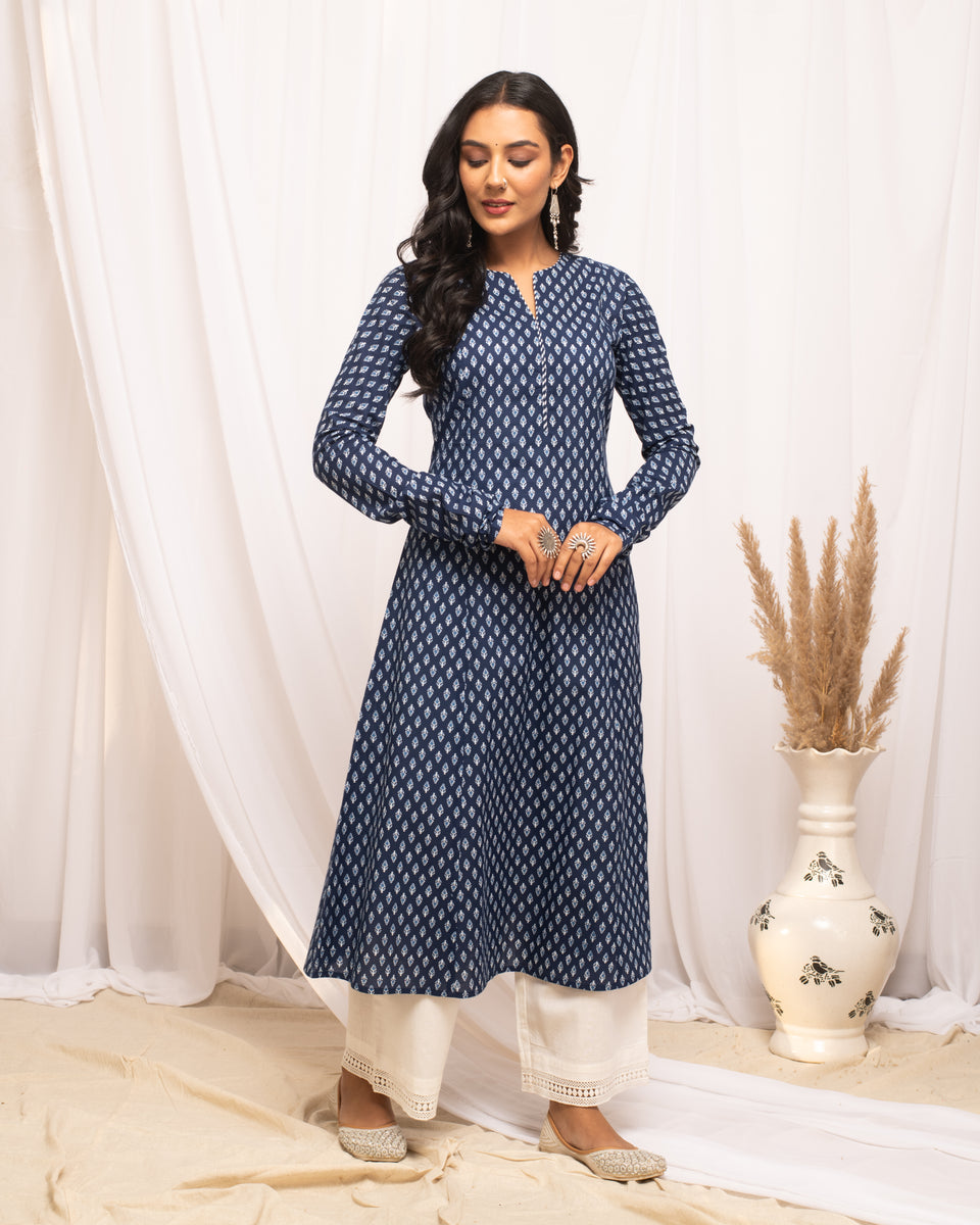 Blue Floral Printed A-Line kurta