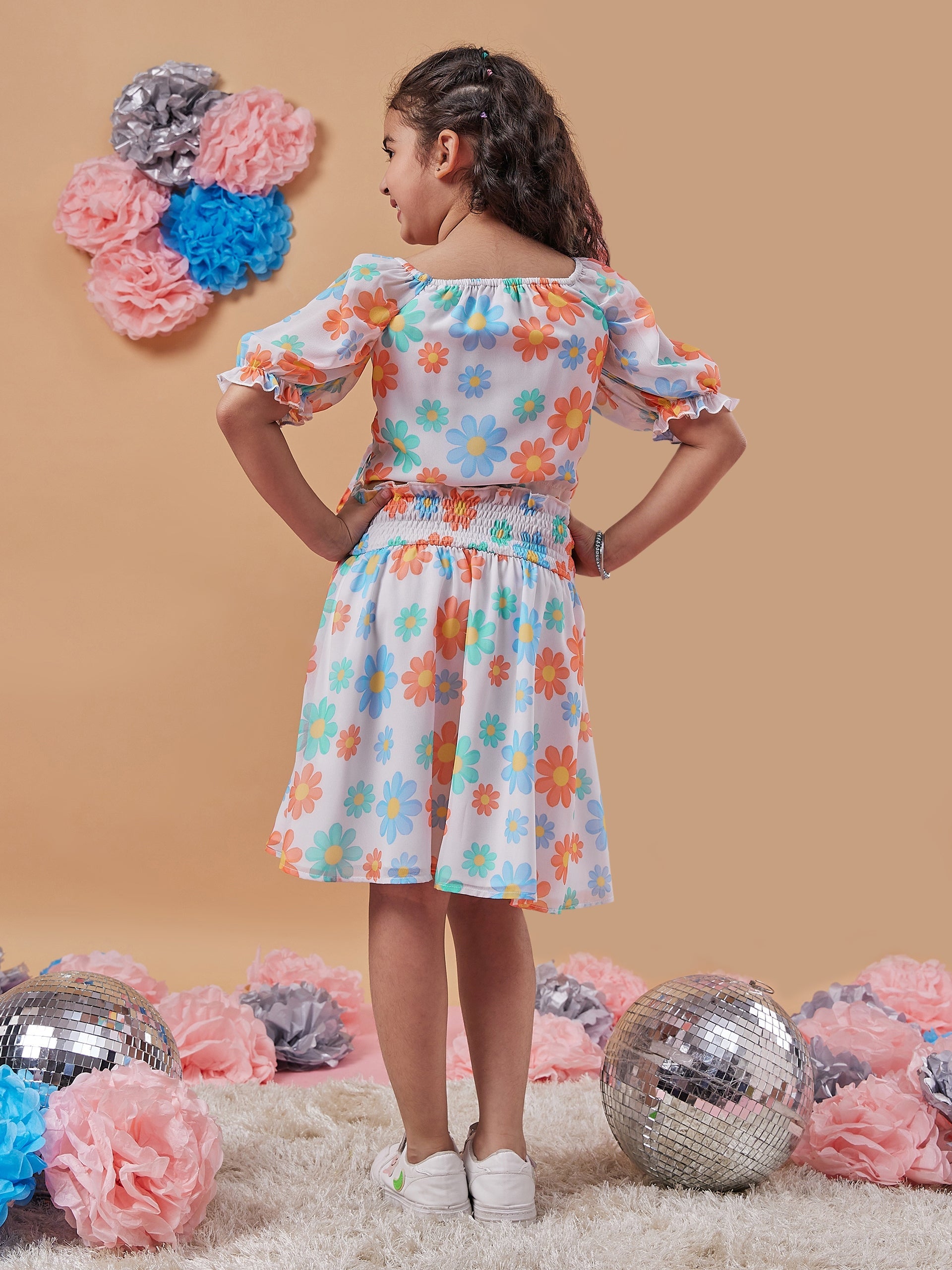 Girls Floral Printed Ruched Crop Top With Skirt