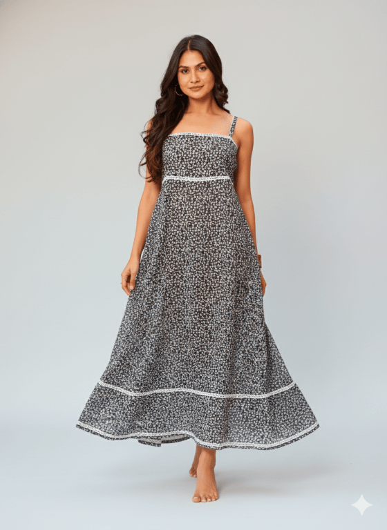 Black Ditsy Floral Cotton Negligee with Lace Trim