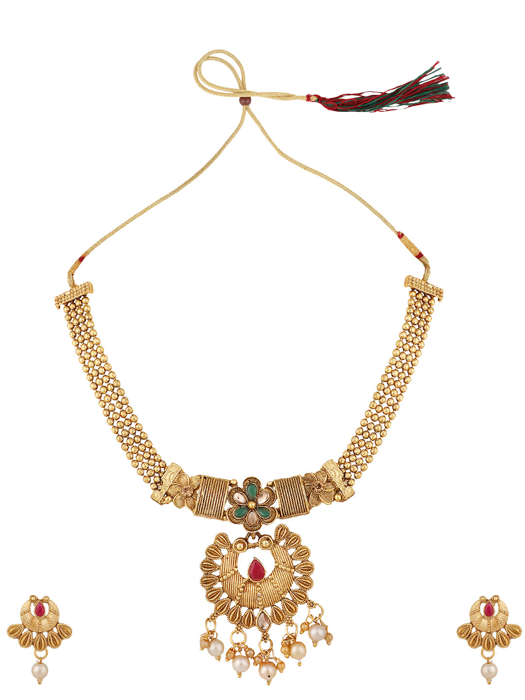 Women's Gold Plated Traditional Filgaree Stone And Pearl Brass Necklace With Earring