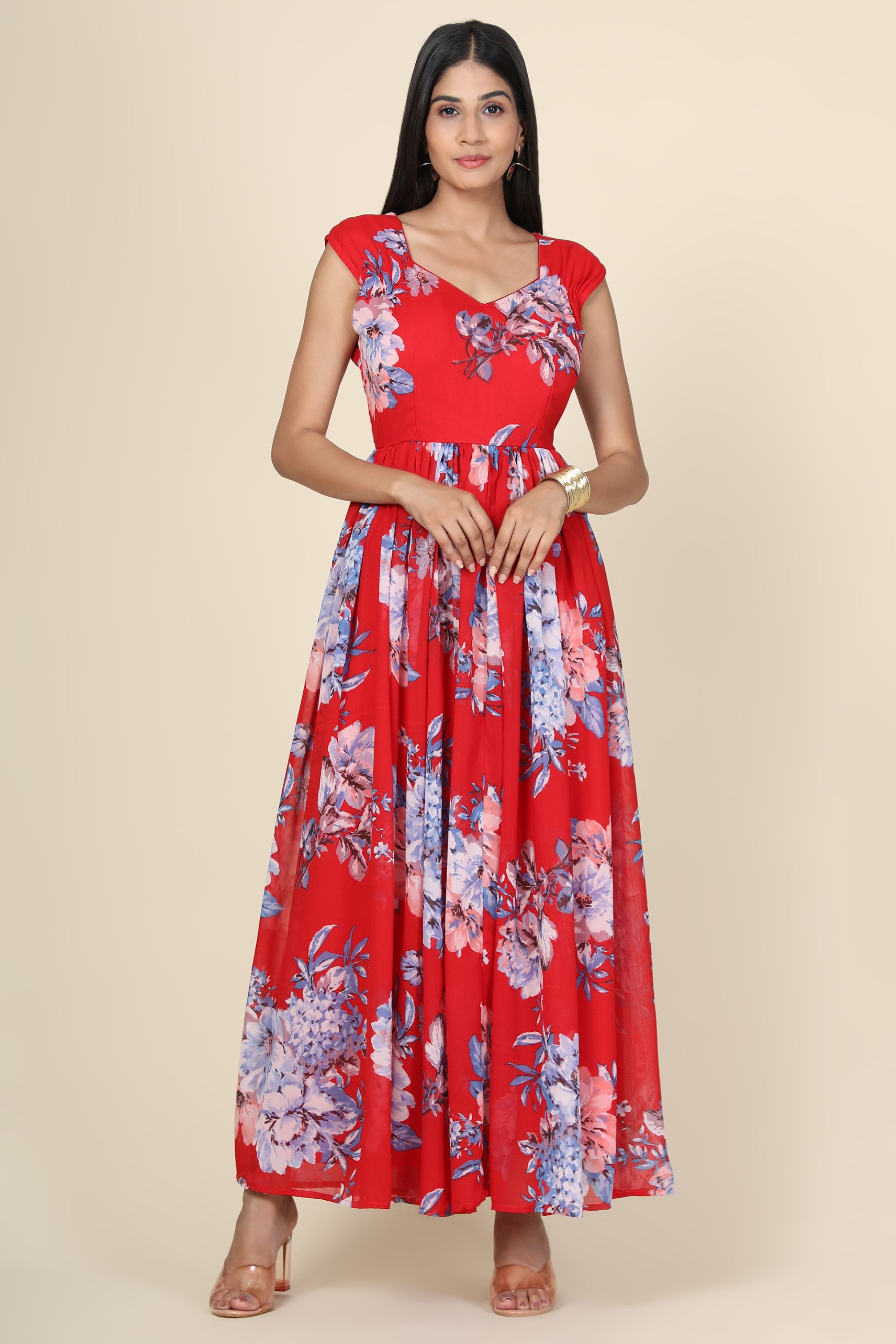 Women's Floral Printed Chiffon Gown In Red Base