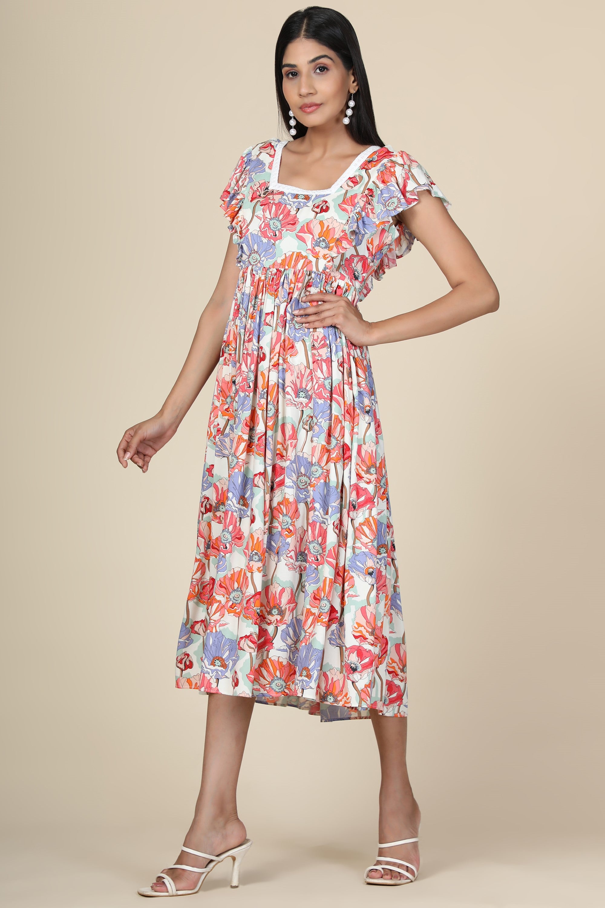 Women's Rayon Floral Dress With Ruffles At Yoke And Sleeves