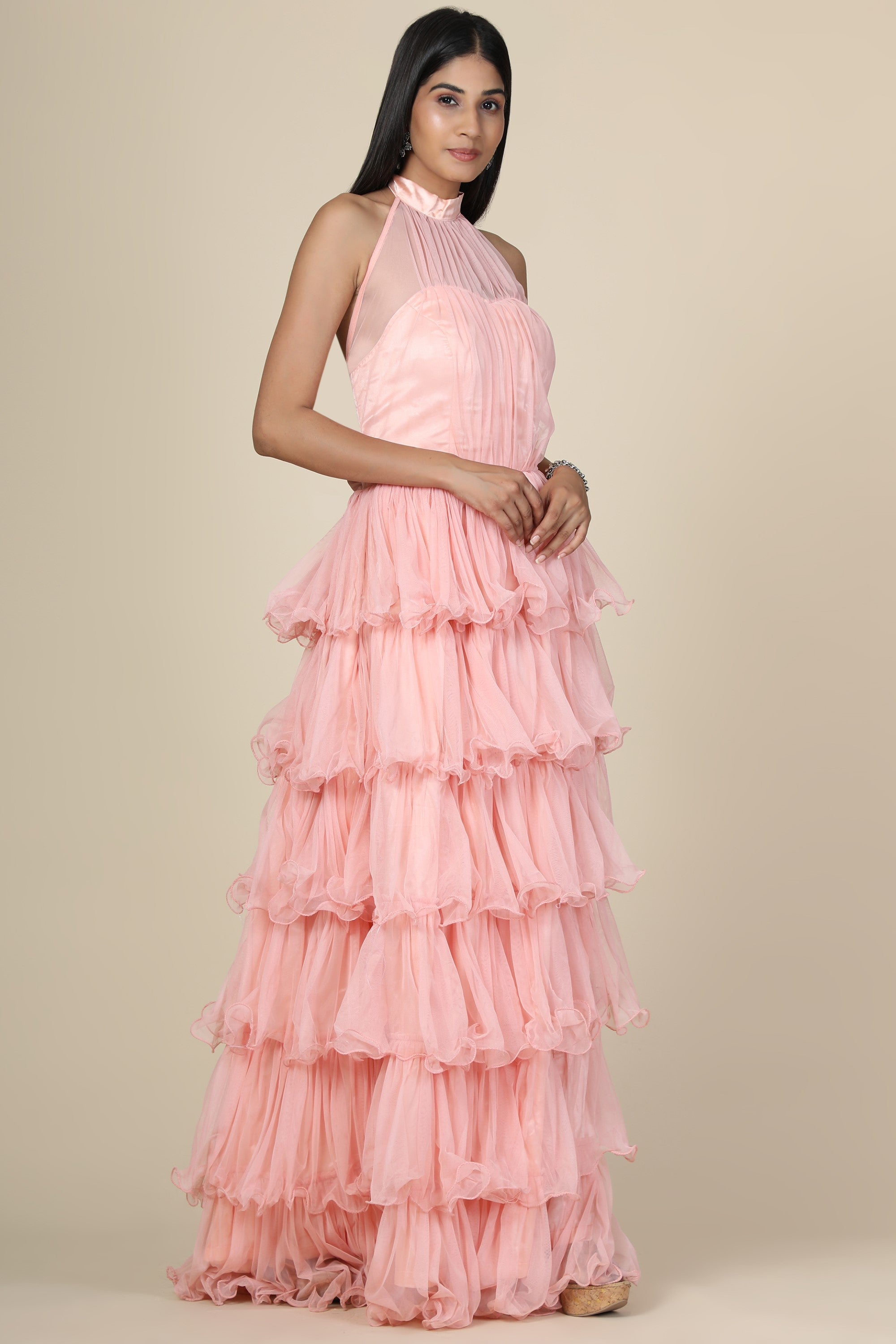 Women's Halter Neck Drape Net Corset Gown In Baby Pink