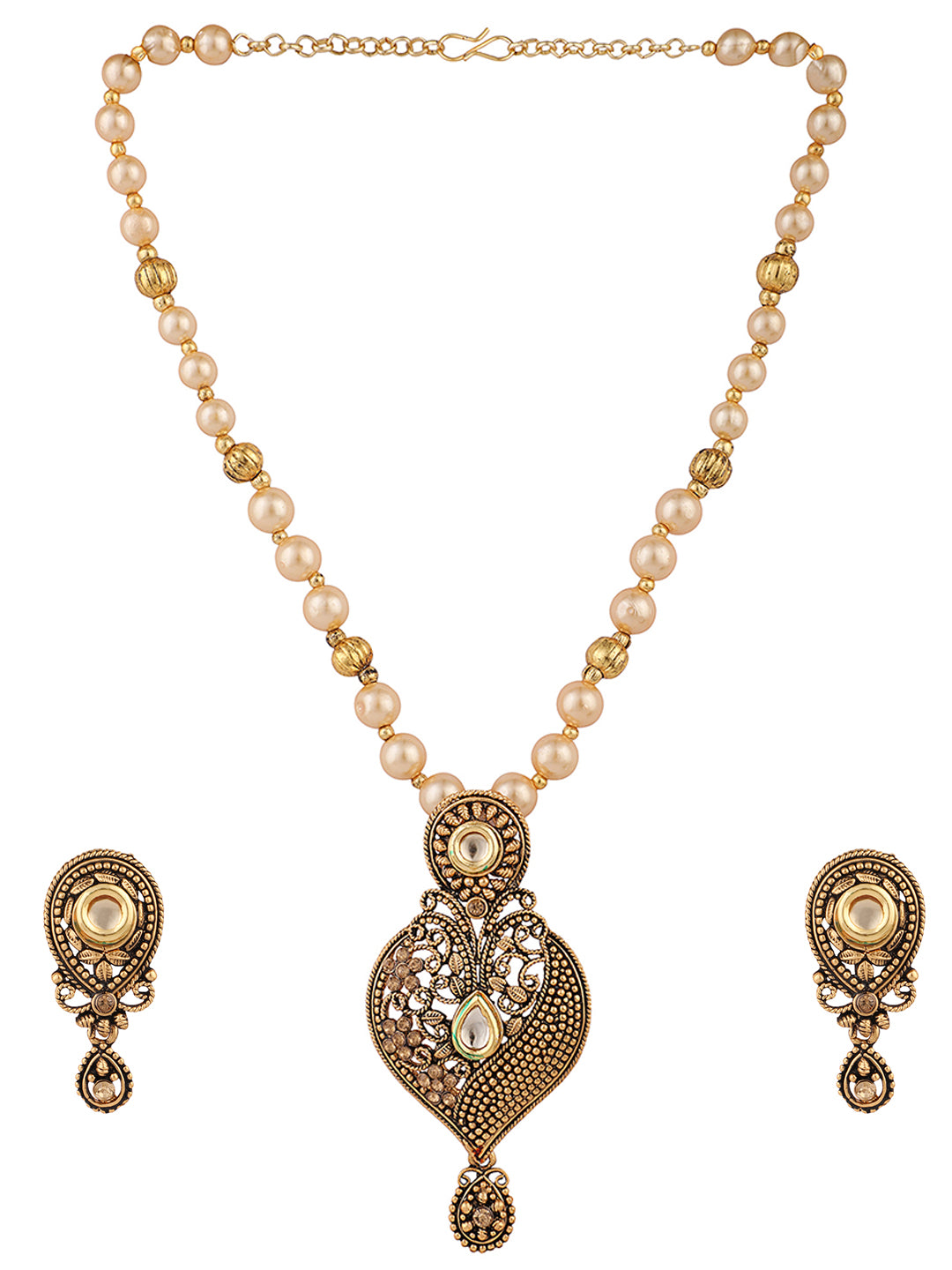 Women's Antique Gold Plated Traditional Pendant Set With Pearl String