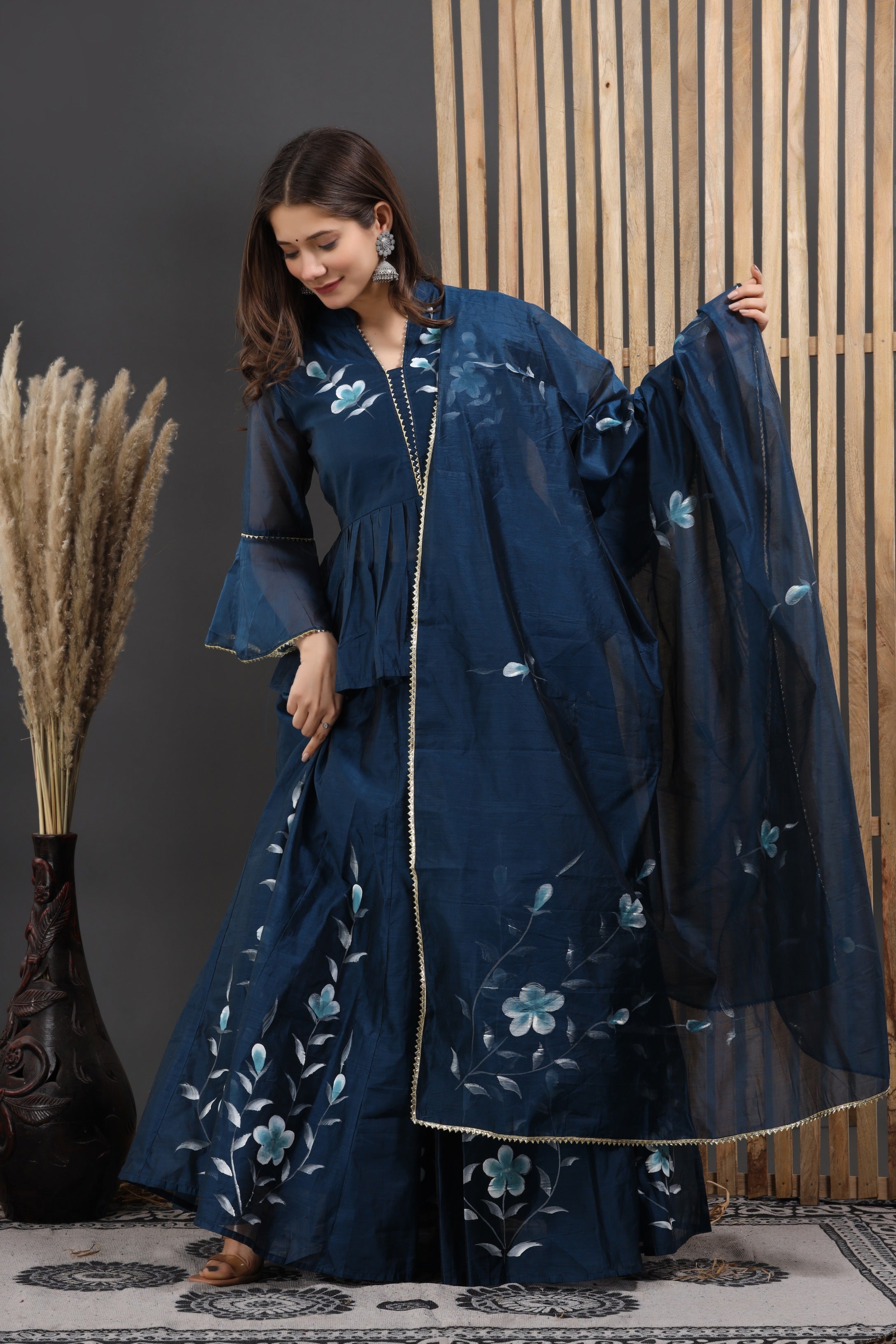 Women's Paniera Hand Painted Chanderi Lehenga Set