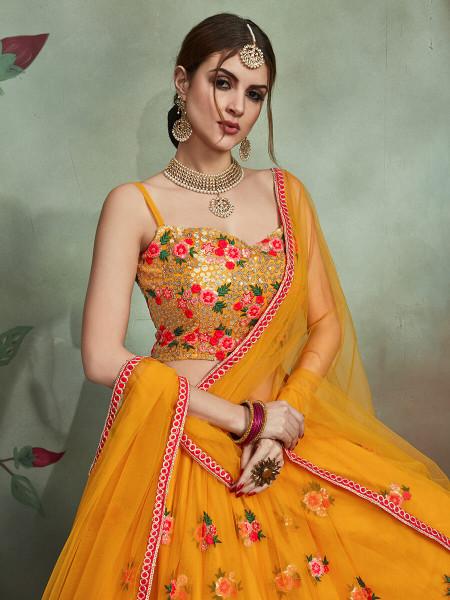 Women Mustard Yellow Embroidered Lehenga Choli by Myracout