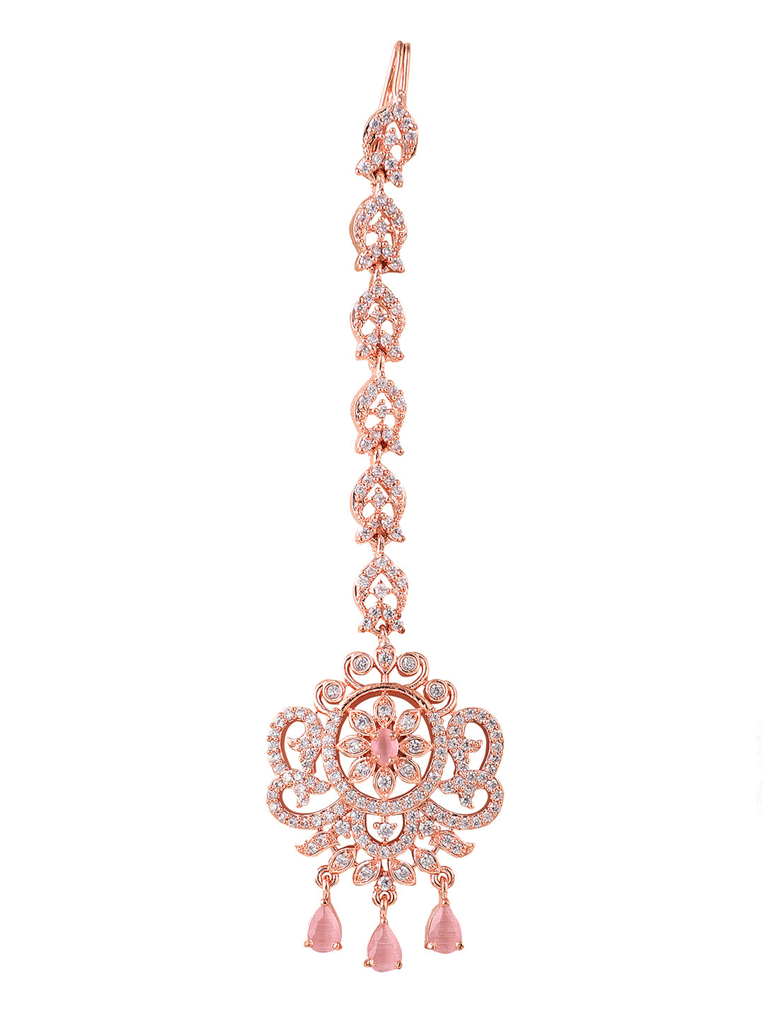 Women's Rosegold Plated Floral Shape Amerivan Diamond Hand Crafted Maangtikka