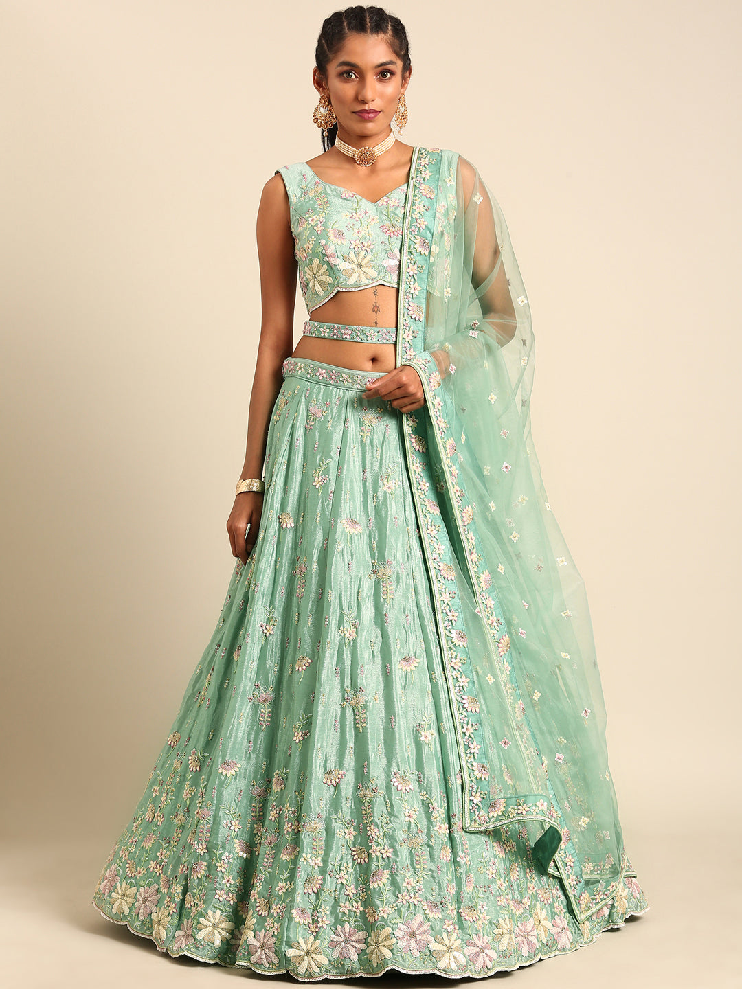 Women 's Sea Green Georgette heavy Sequinse embroidery Ready to Wear Lehenga choli & Dupatta