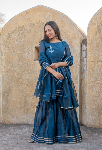 Women's Brinda Hand Painted Chanderi Blue Kurta Sharara And Dupatta