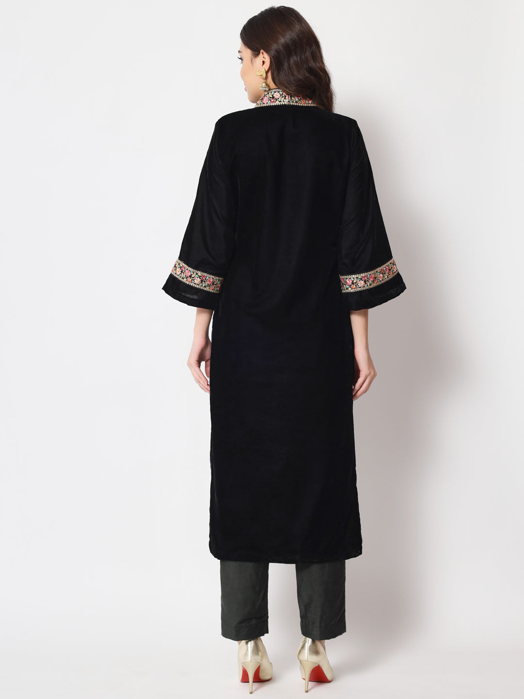 Women's Glamour Black Shawl Collar Kurti With Straight Pants
