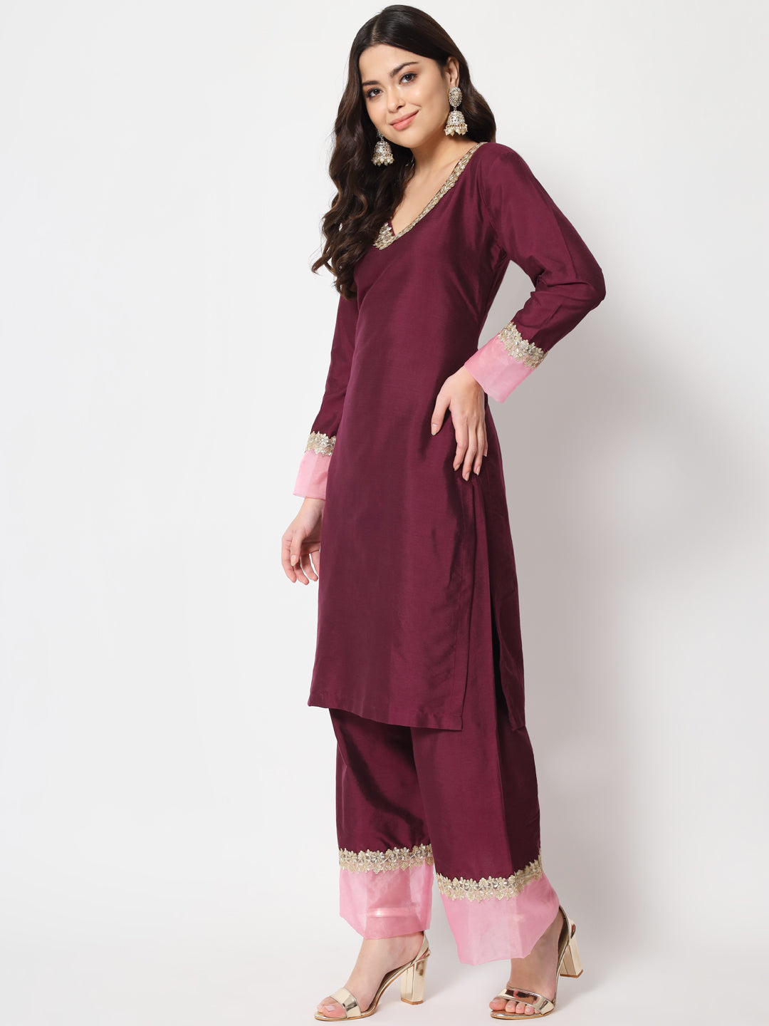 Women's Dazzling Wine Straight Kurti With Straight Palazzo