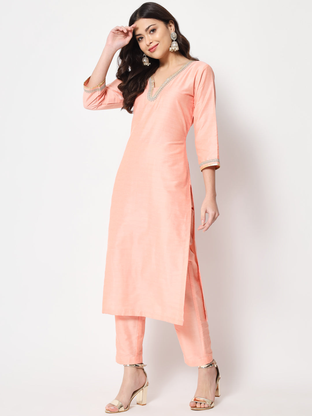 Women's Peach Smiles Straight Kurti With Pants