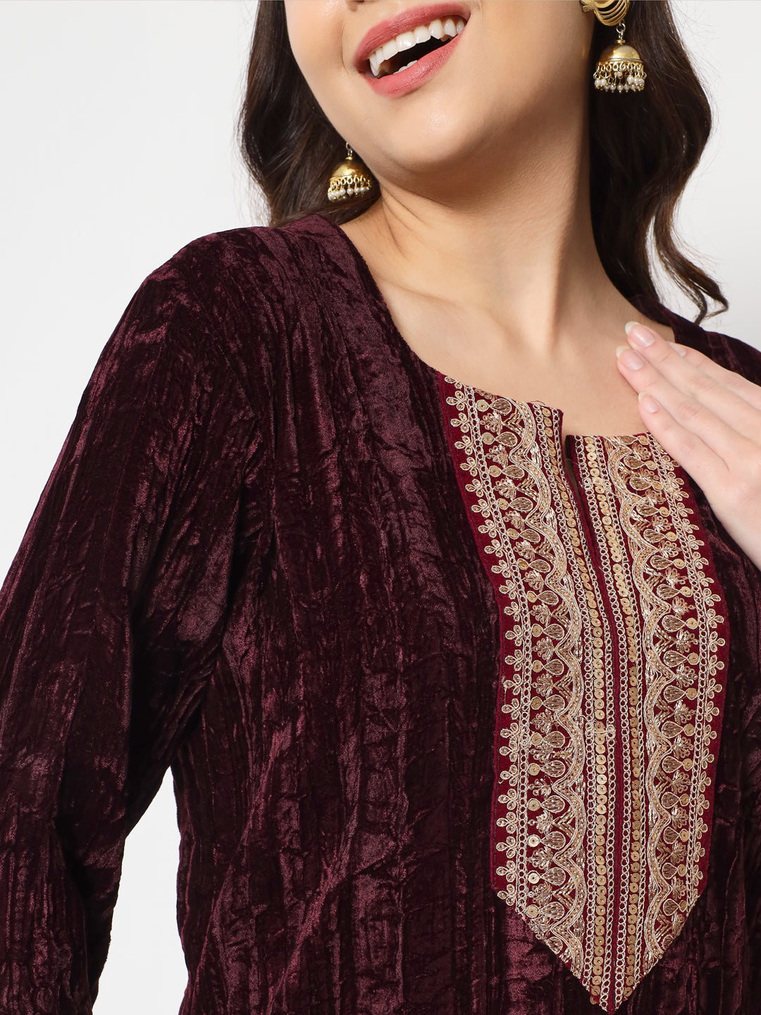 Women's Wine Love Velvet Straight Kurti With Pants