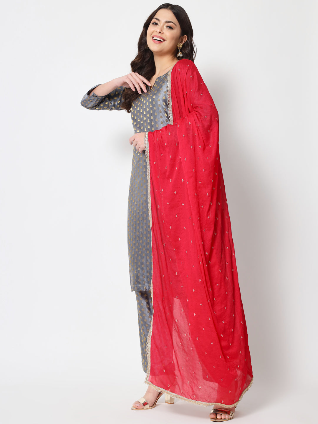 Women's Sahiba Gray Brocade With Straight Palazzo And Dupatta