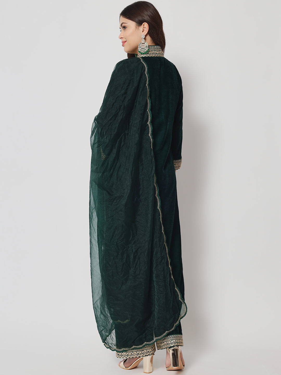 Women's Glamour Green Shawl Collar Kurti With Straight Palazzo And Dupatta