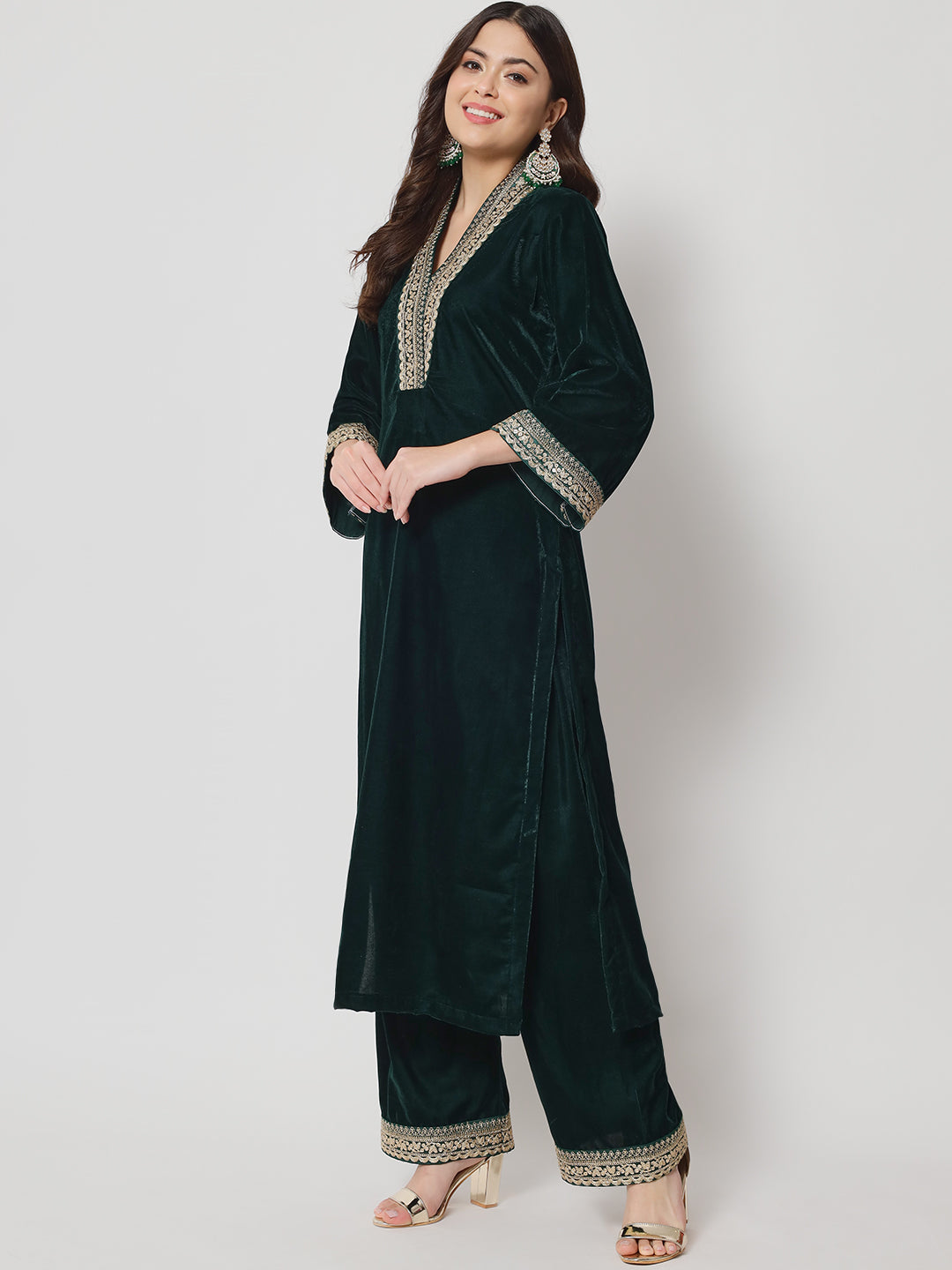 Women's Glamour Green Shawl Collar Kurti With Straight Palazzo