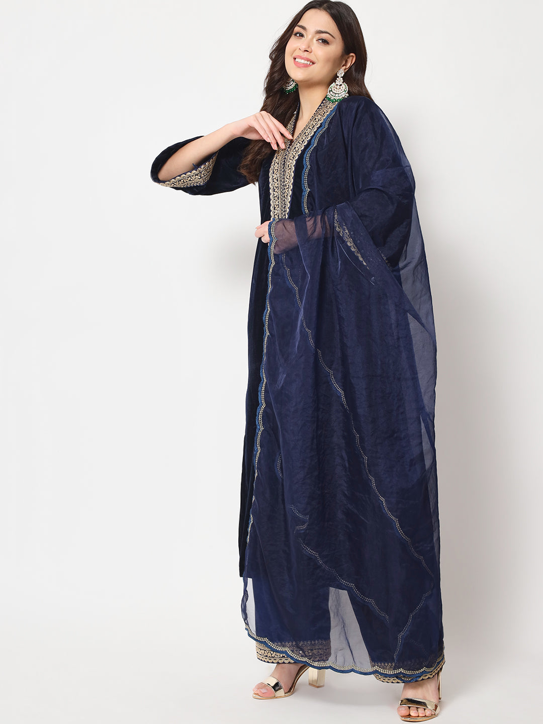 Women's Glamour Blue Shawl Collar Kurti With Straight Palazzo And Dupatta