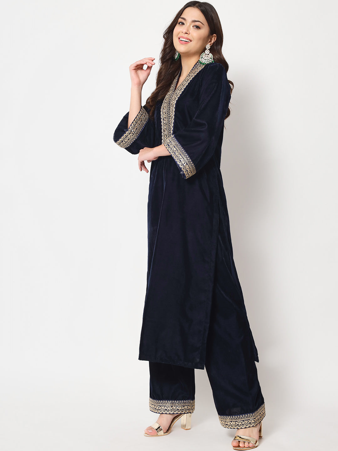 Women's Glamour Blue Shawl Collar Kurti With Straight Palazzo