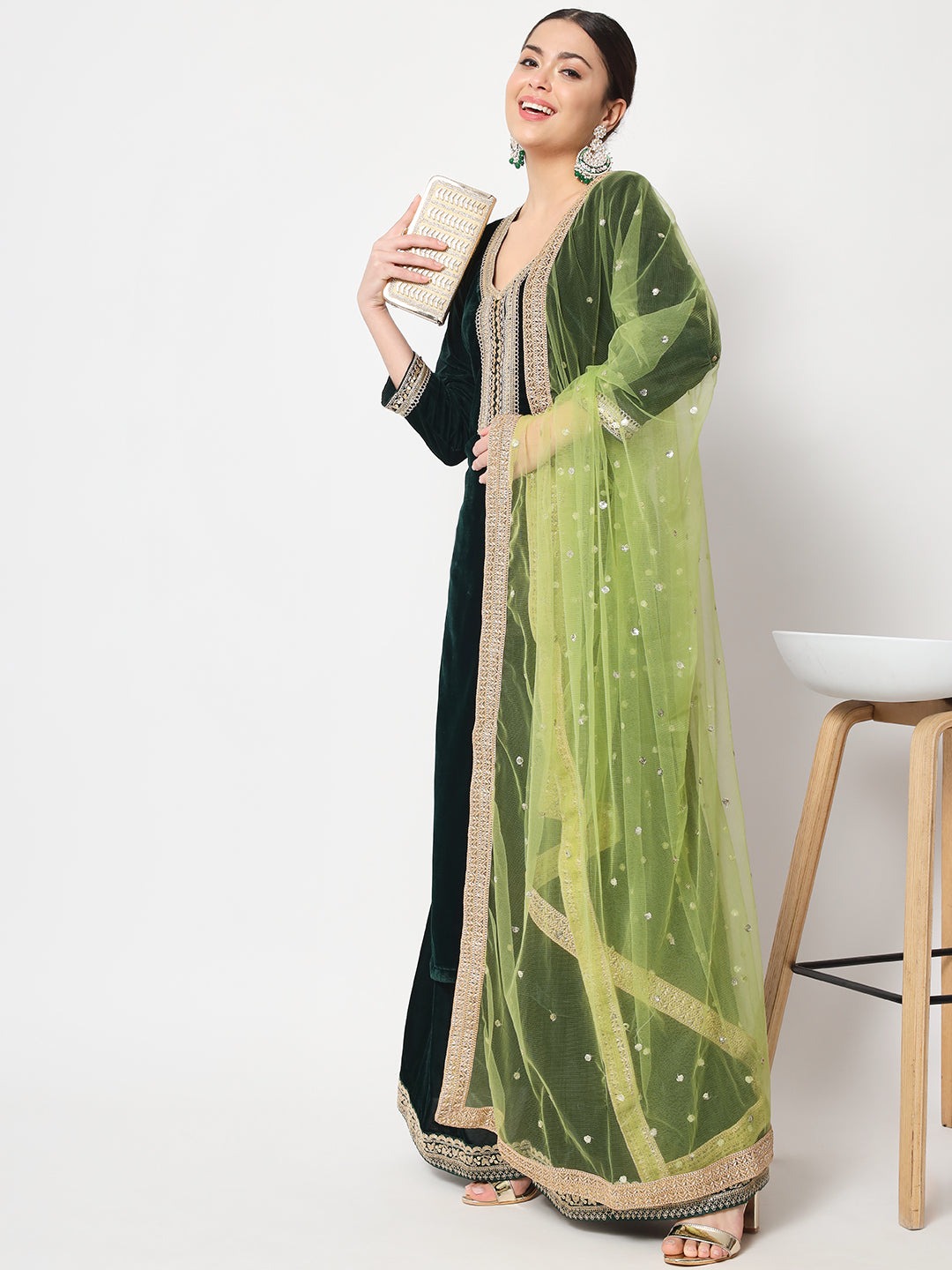 Women's Delicate Green Velvet Kurti With Flared Palazzo And Dupatta