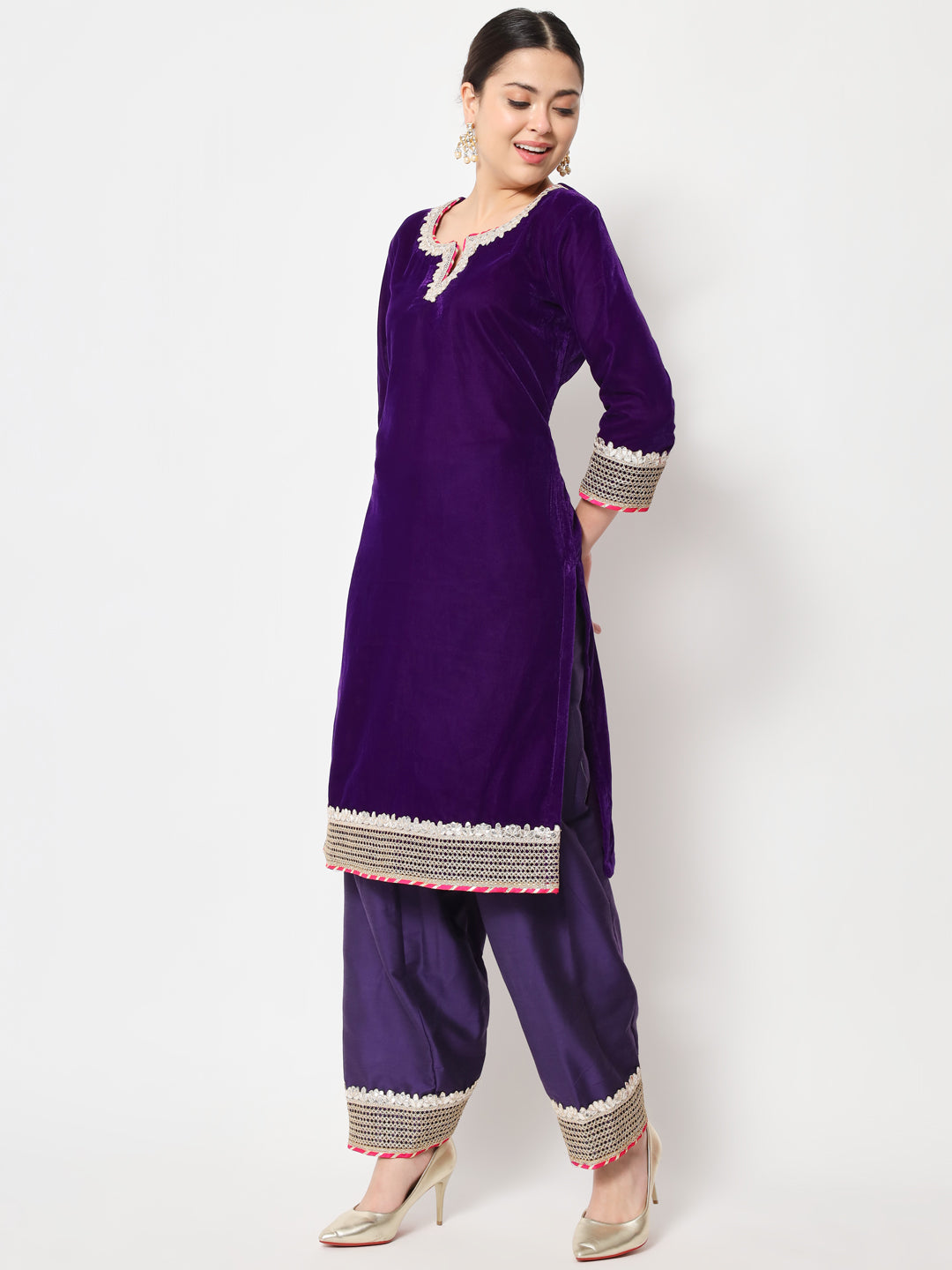 Women's Purple Velvet Short Kurti With Silk Salwar