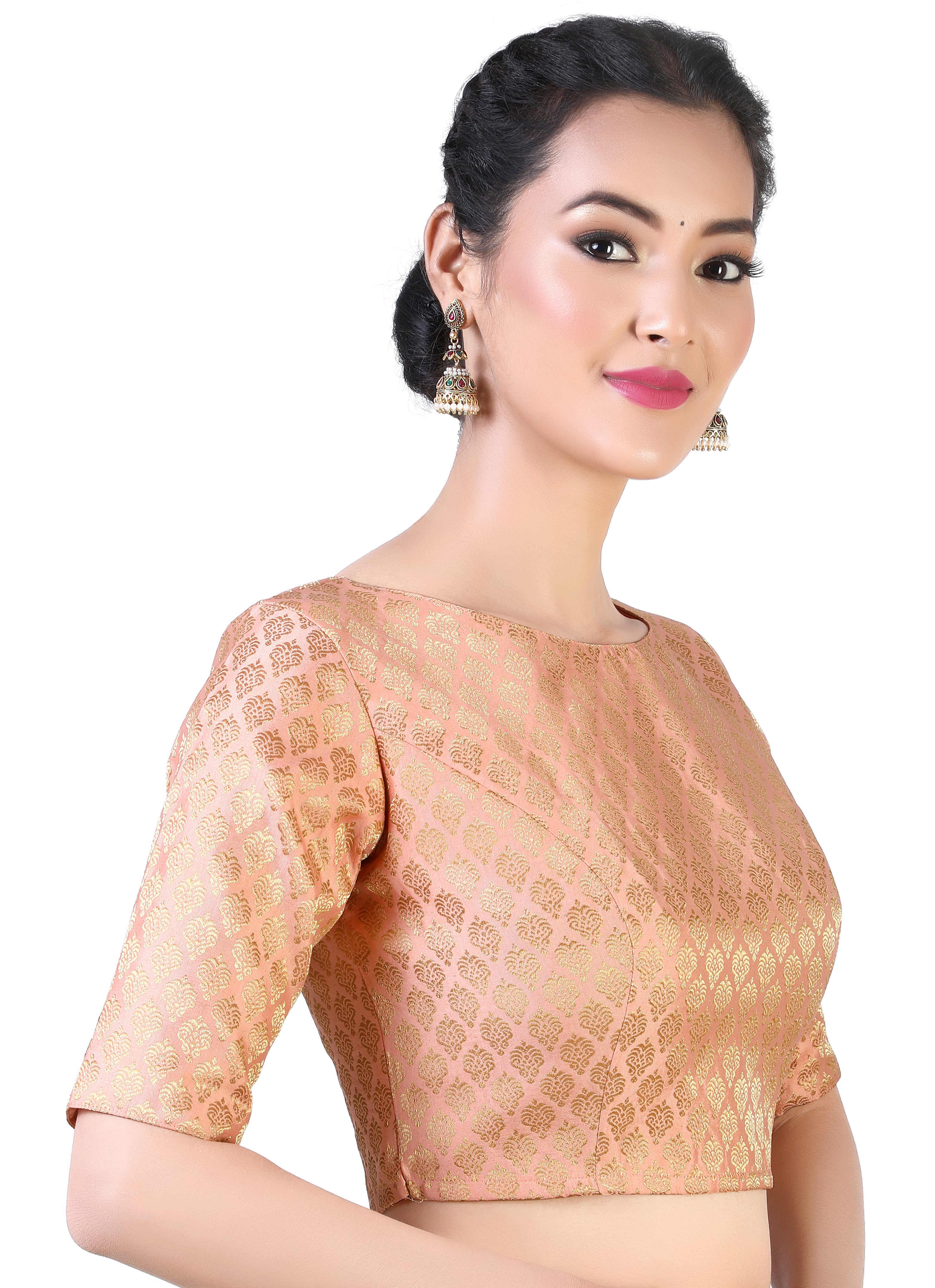 Women Peach Pastel Brocade Saree Blouse