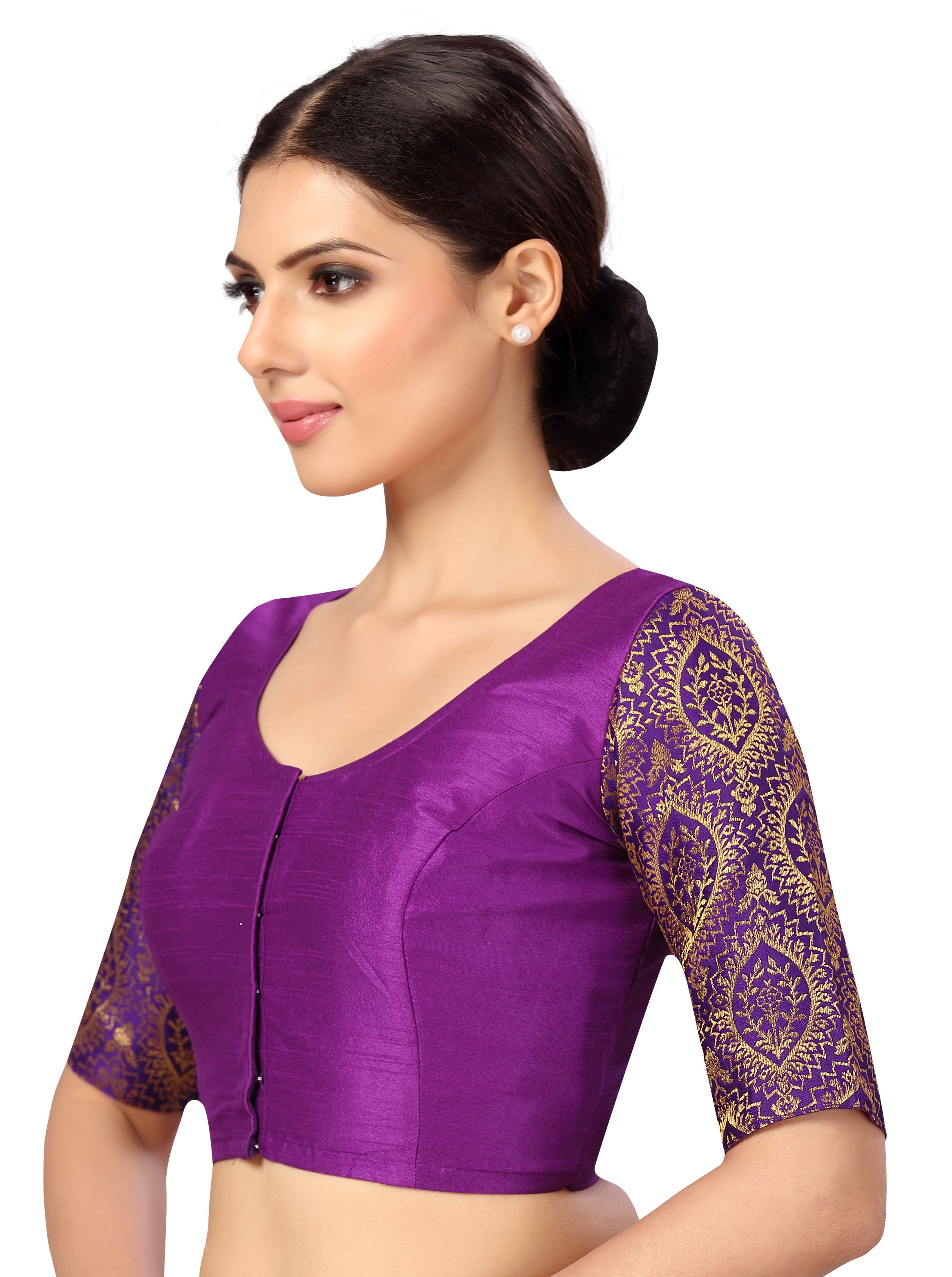 Women's Purple Elbow Length Sleeves Silky Saree Blouse with Brocade Sleeves