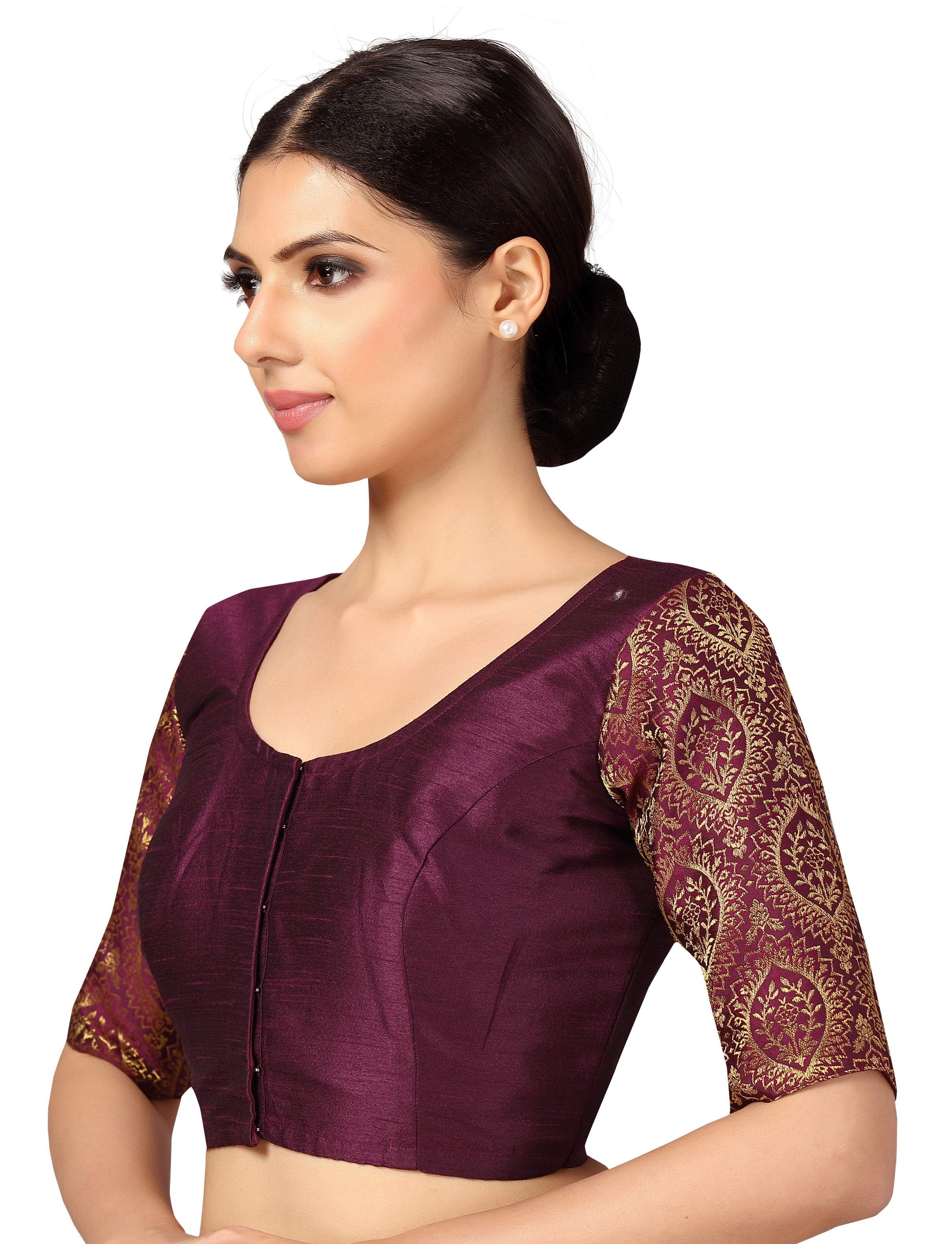 Women's s Elbow Length Sleeves Silky Saree Blouse with Brocade Sleeves.
