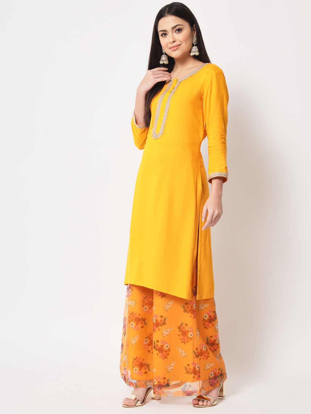 Women's Floral Mustard Straight Kurti With Floral Palazzo