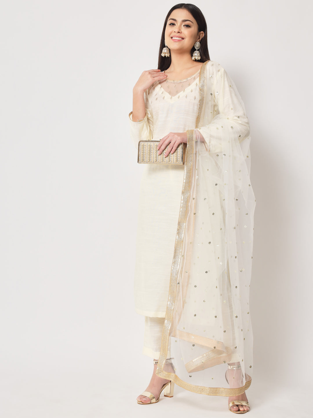 Women's Glowing Ivory Straight Kurti With Straight Pants And Dupatta
