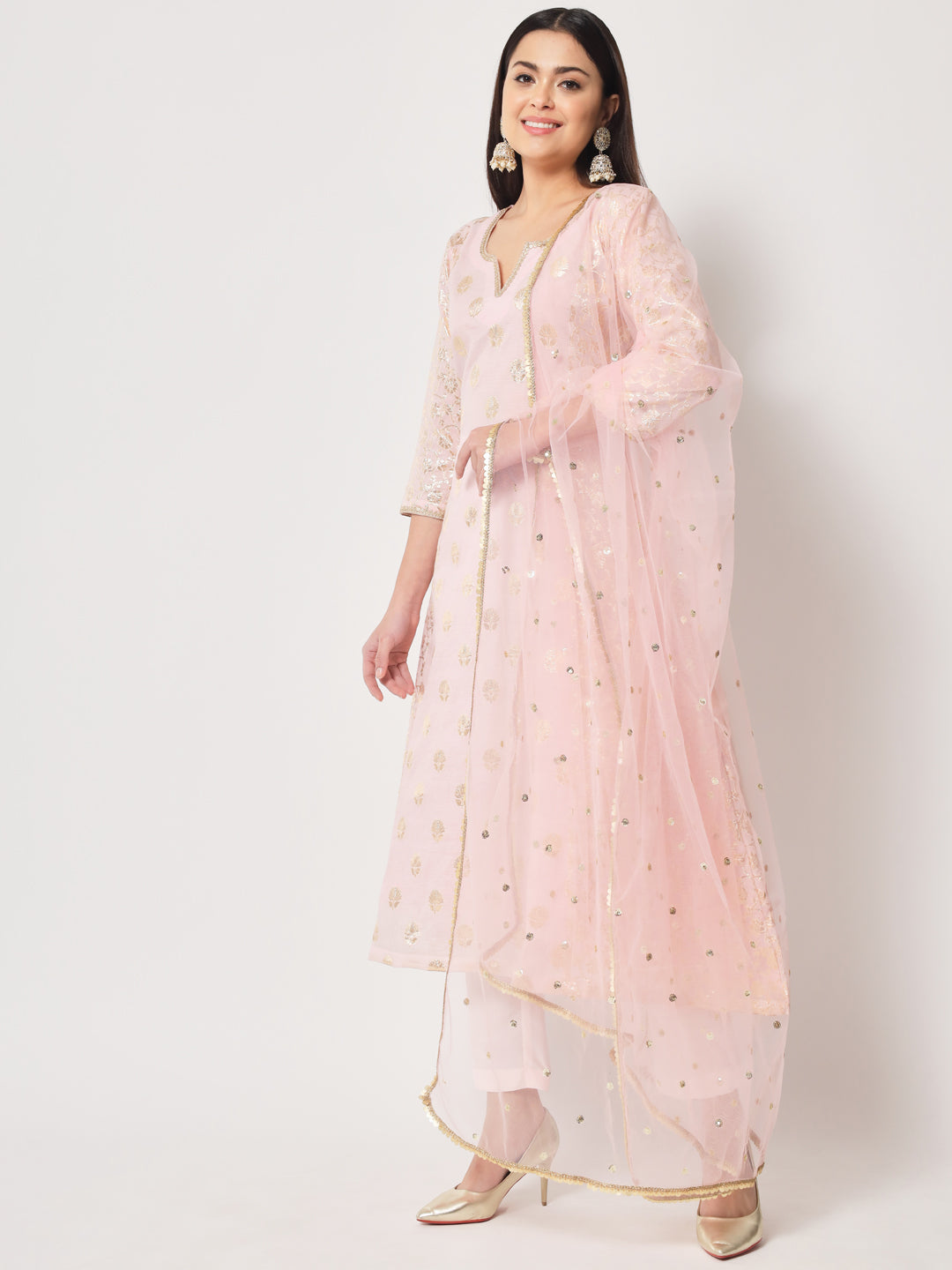 Women's Pink Lotus Chanderi Brocade A-Line Kurti With Pants And Dupatta