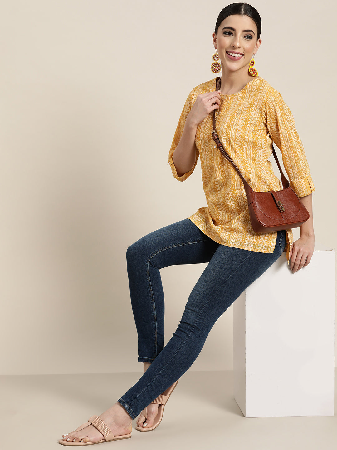 Women's Yellow Georgette Printed High-Low Tunic