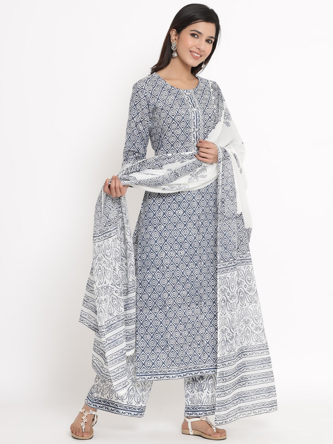 Women's Printed Cotton Fabric Kurta, Palazzo & Dupatta Set Blue Color