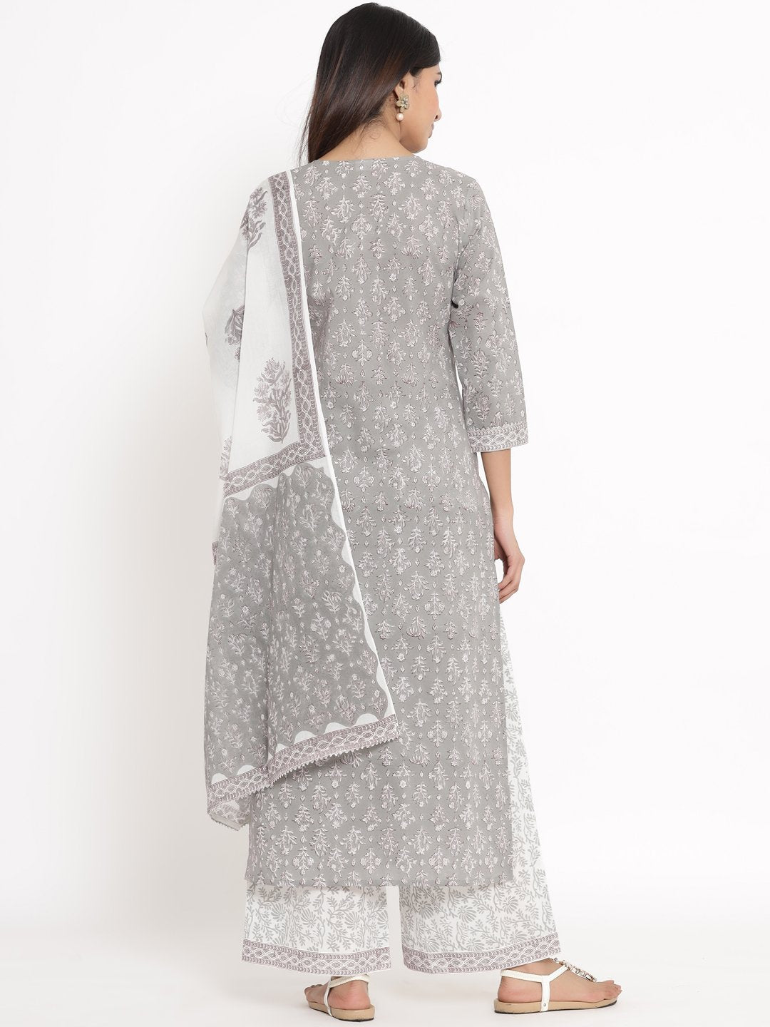 Women's Grey Cotton Kurta With Palazzo & Dupatta by Kipek (3