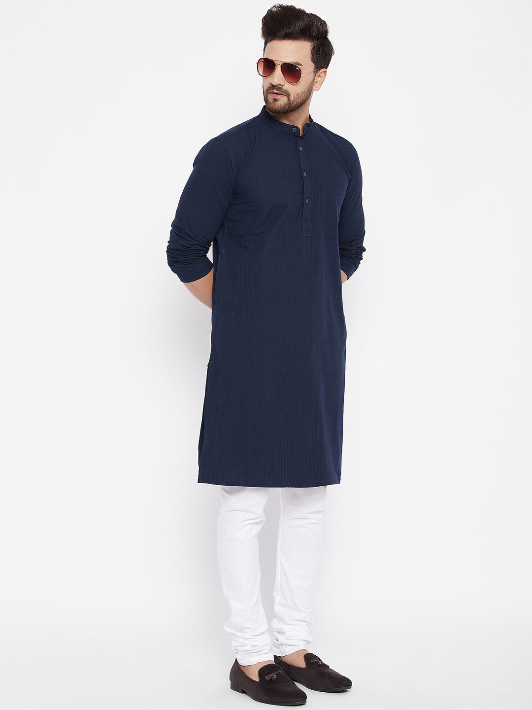 Men's Cotton Self Striped Blue Kurta