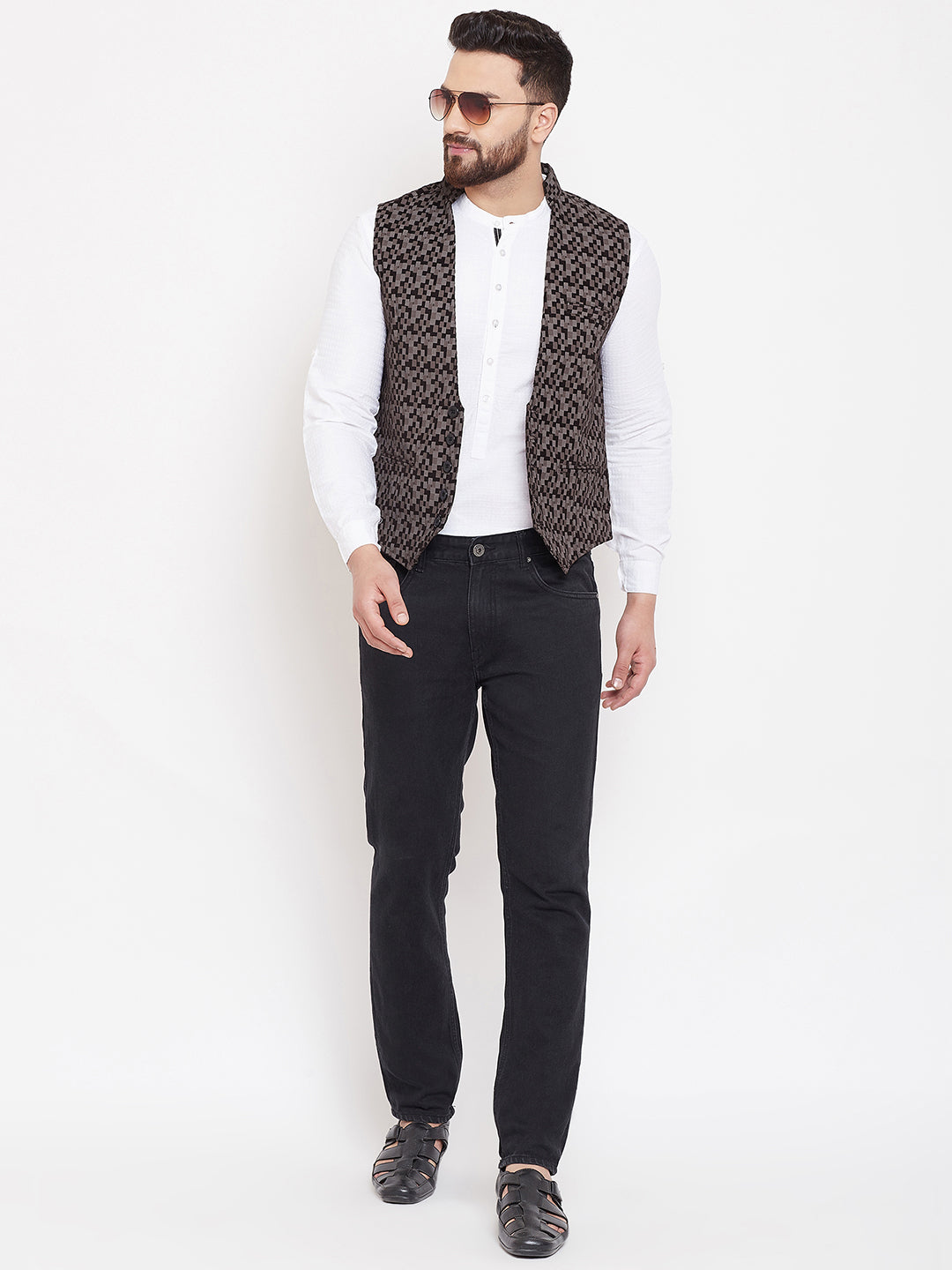Men's Printed Brown Cotton Waistcoat
