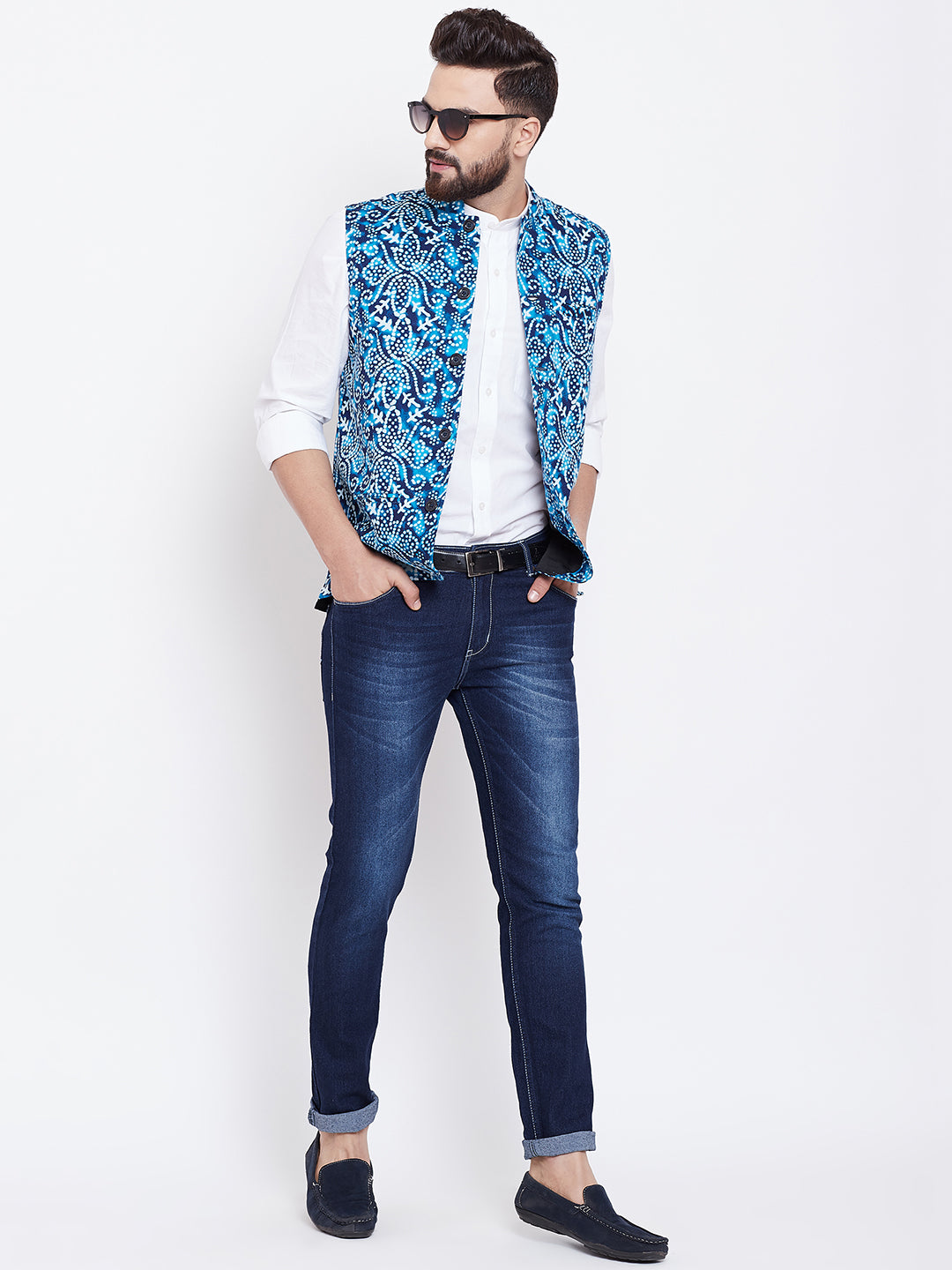 Men's Blue Printed Nehru Jacket