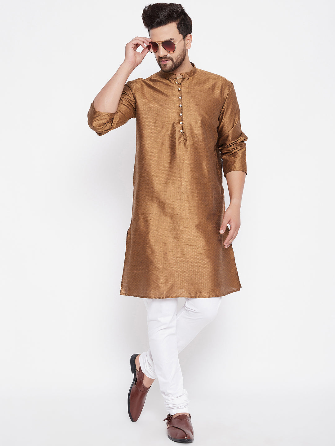 Men's Woven Design Brown Straight Kurta