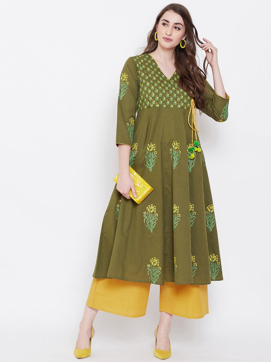 Buy Women's Block Print Anarkali Kurta BitterLime Online at Best