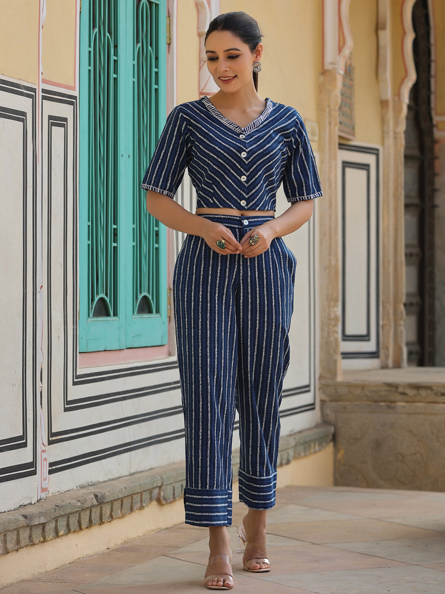 Women's Indigo Cotton Flex Striped Printed Clothing Set. - Juniper