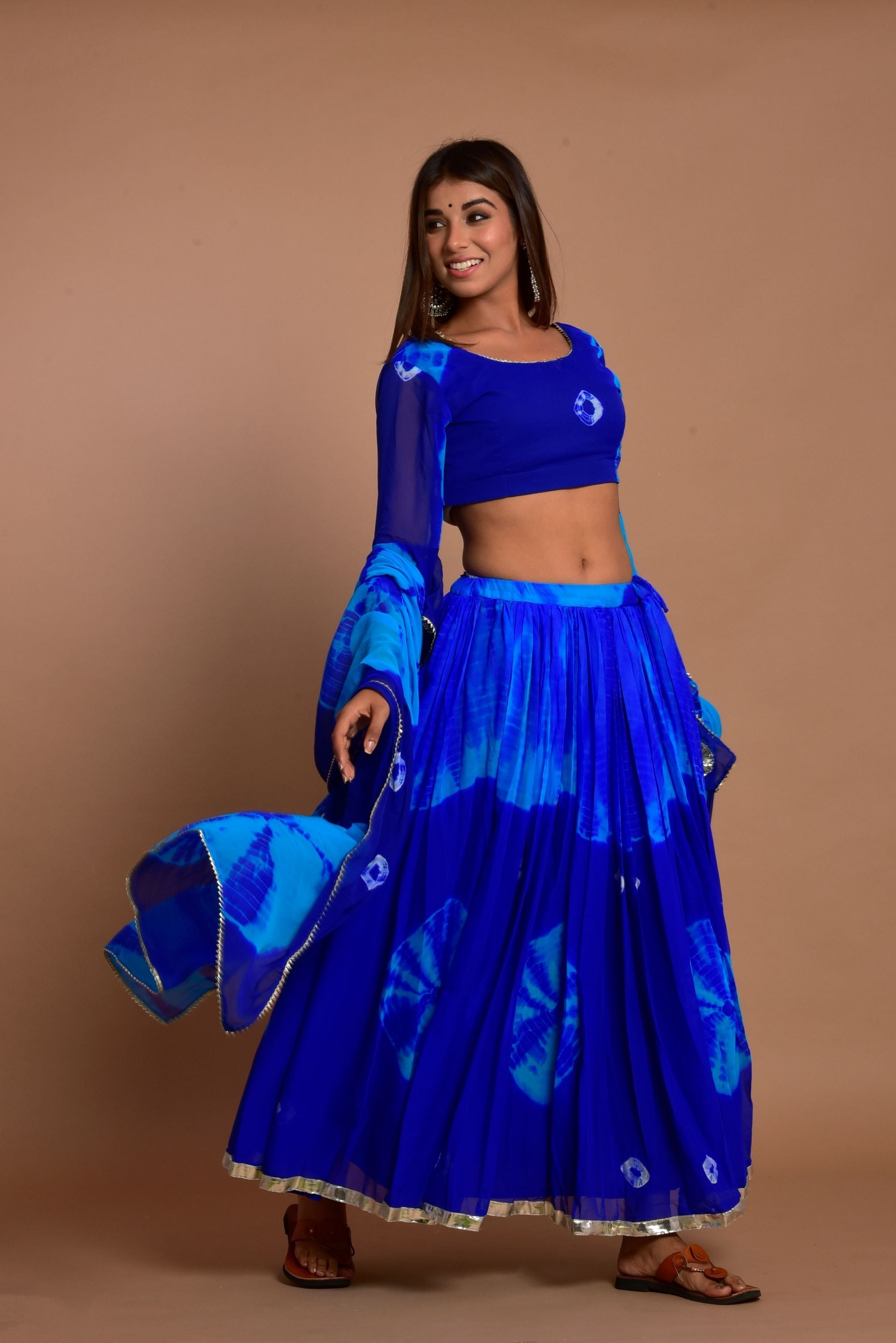 Women's Blue Hand Tie And Die Lehenga Set