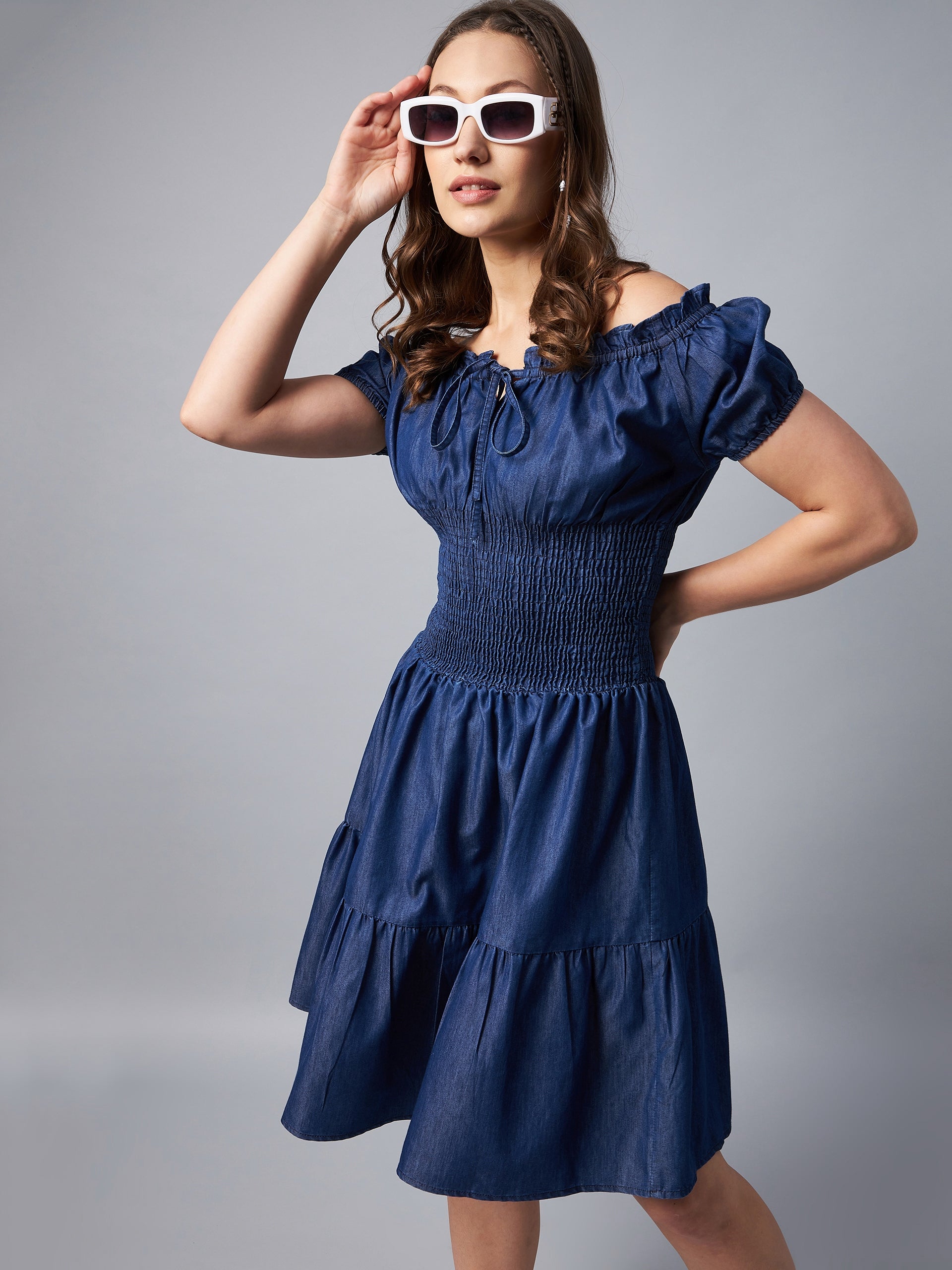 Women's Peasant Style Smocked Waist Denim Dress Blue / S