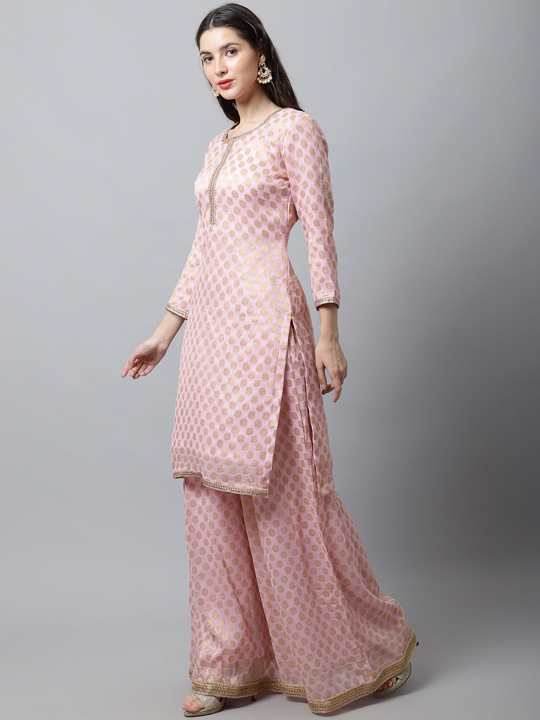 Women's Baby Pink Straight Banarasi Kurti With Flared Palazzo